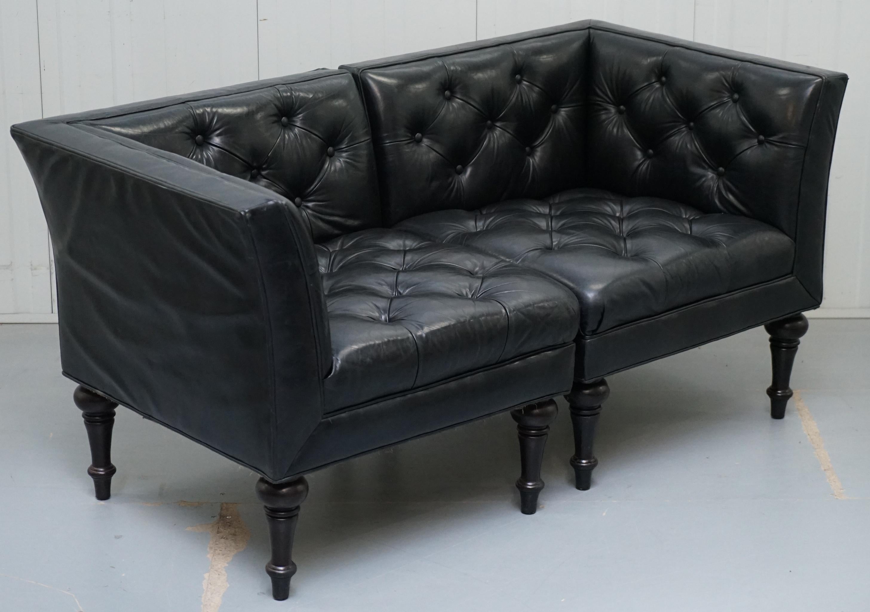 We are delighted to offer for sale this lovely pair of original Paolo Moschino jet black Chesterfield buttoned corner chairs RRP £6200 designed for Nicholas Haslan London

The price of £2650 per chair excludes the upholstery work, all in they are