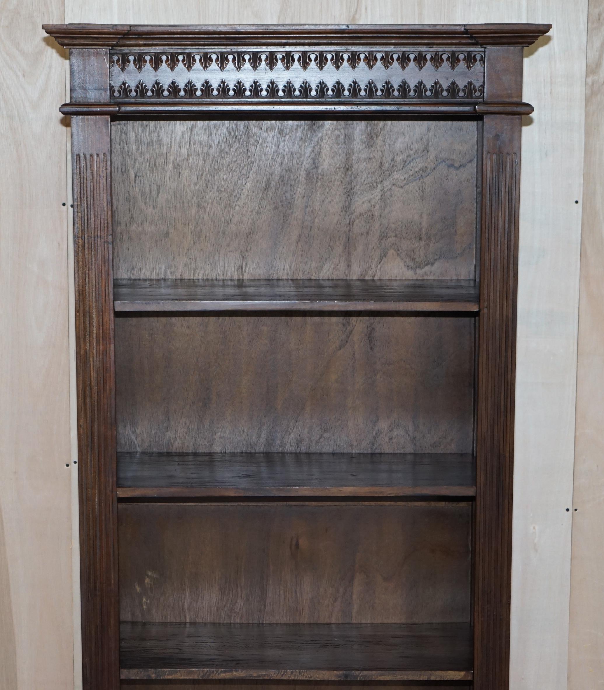 English X3 Jacobean Revival Vintage Open Carved Library Bookcases with Nice Detailing For Sale