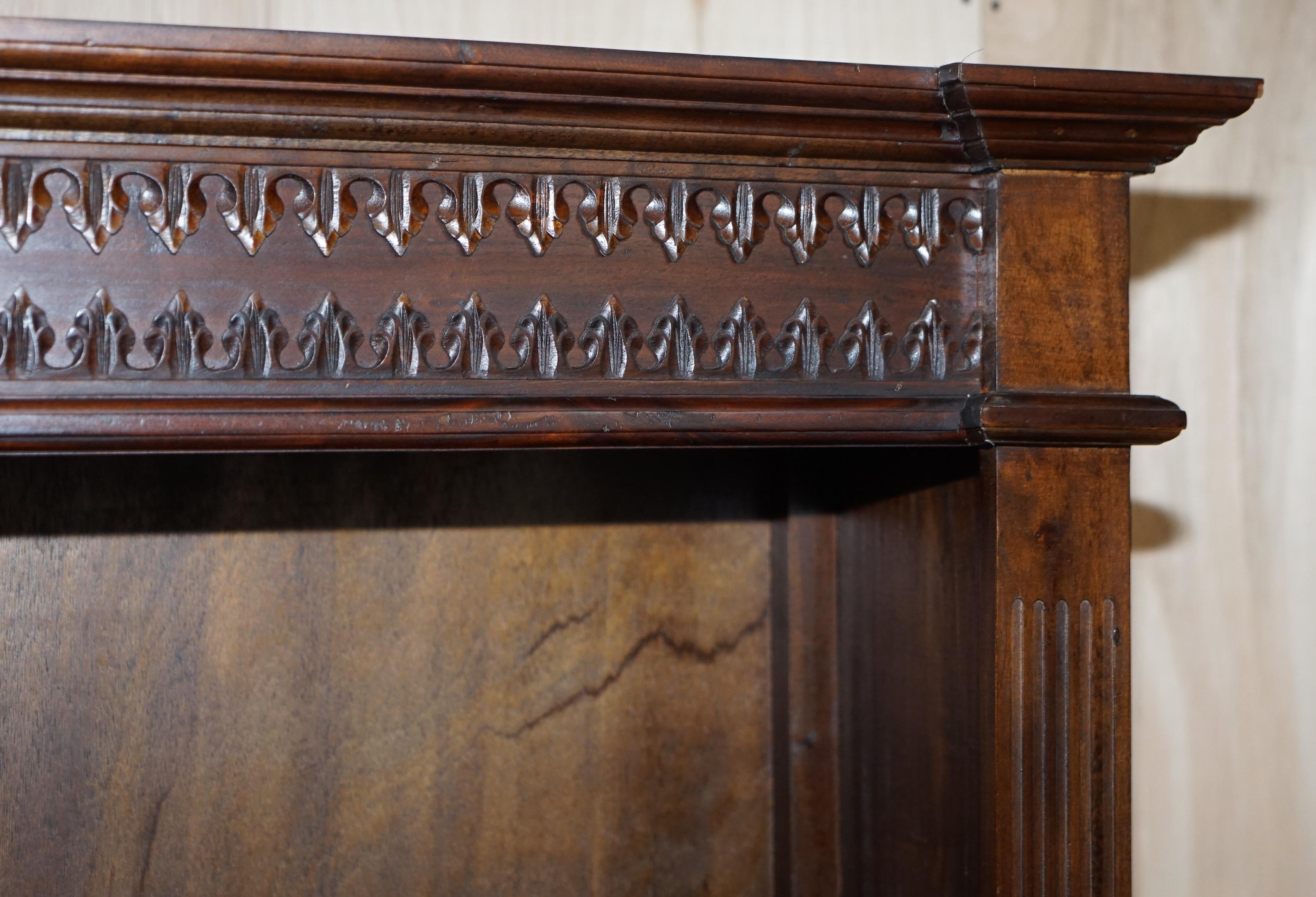 Hardwood X3 Jacobean Revival Vintage Open Carved Library Bookcases with Nice Detailing For Sale