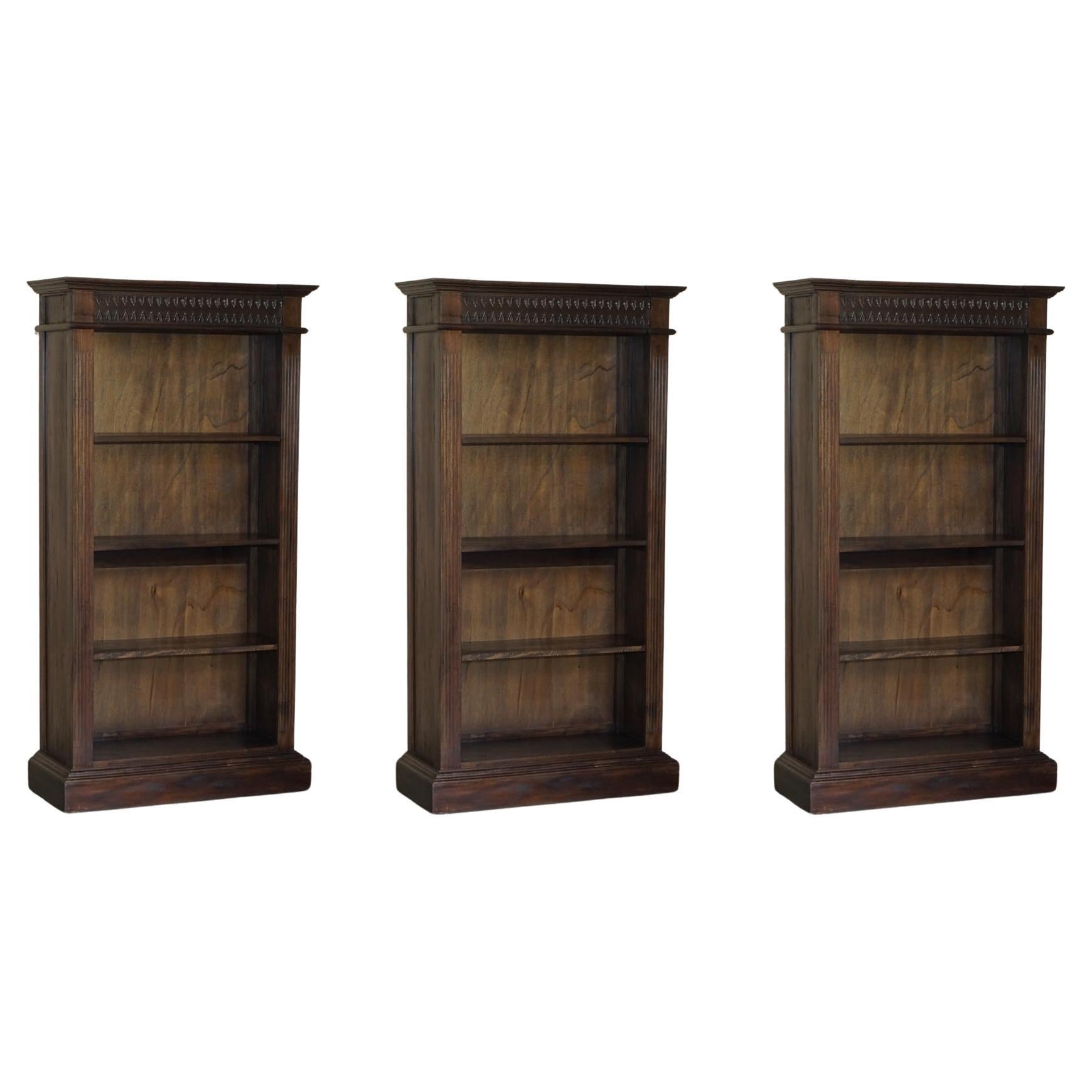 X3 Jacobean Revival Vintage Open Carved Library Bookcases with Nice Detailing For Sale