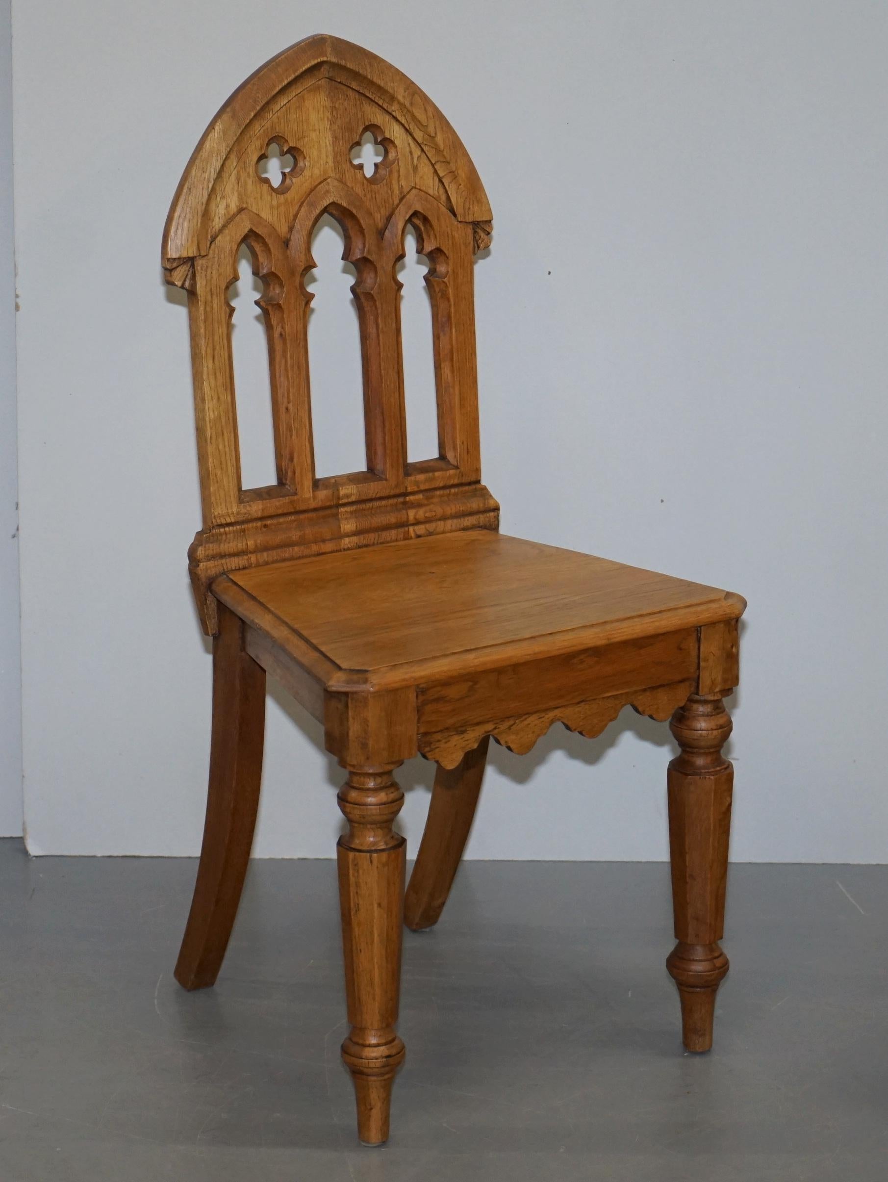 We are delighted to offer for sale this lovely suite of four steeple back oak dining chairs in the Pugin manor

A truly sublime suite of ornately carved dining chairs, they look pure quality from all angles. Clearly base on the gothic originals