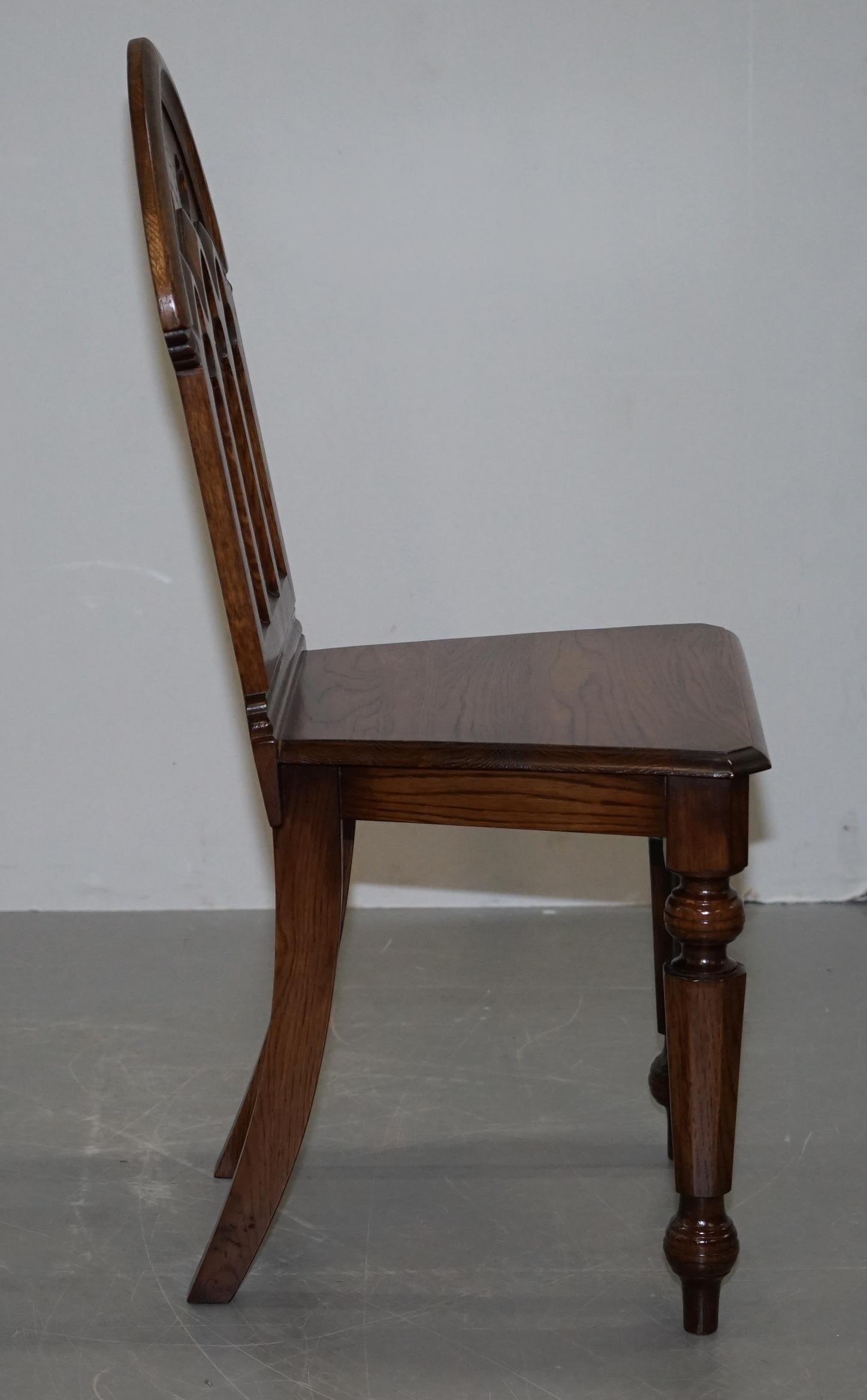 4 English Oak Gothic Steeple Back Dining Chairs Augustus Pugin Style Carving 4