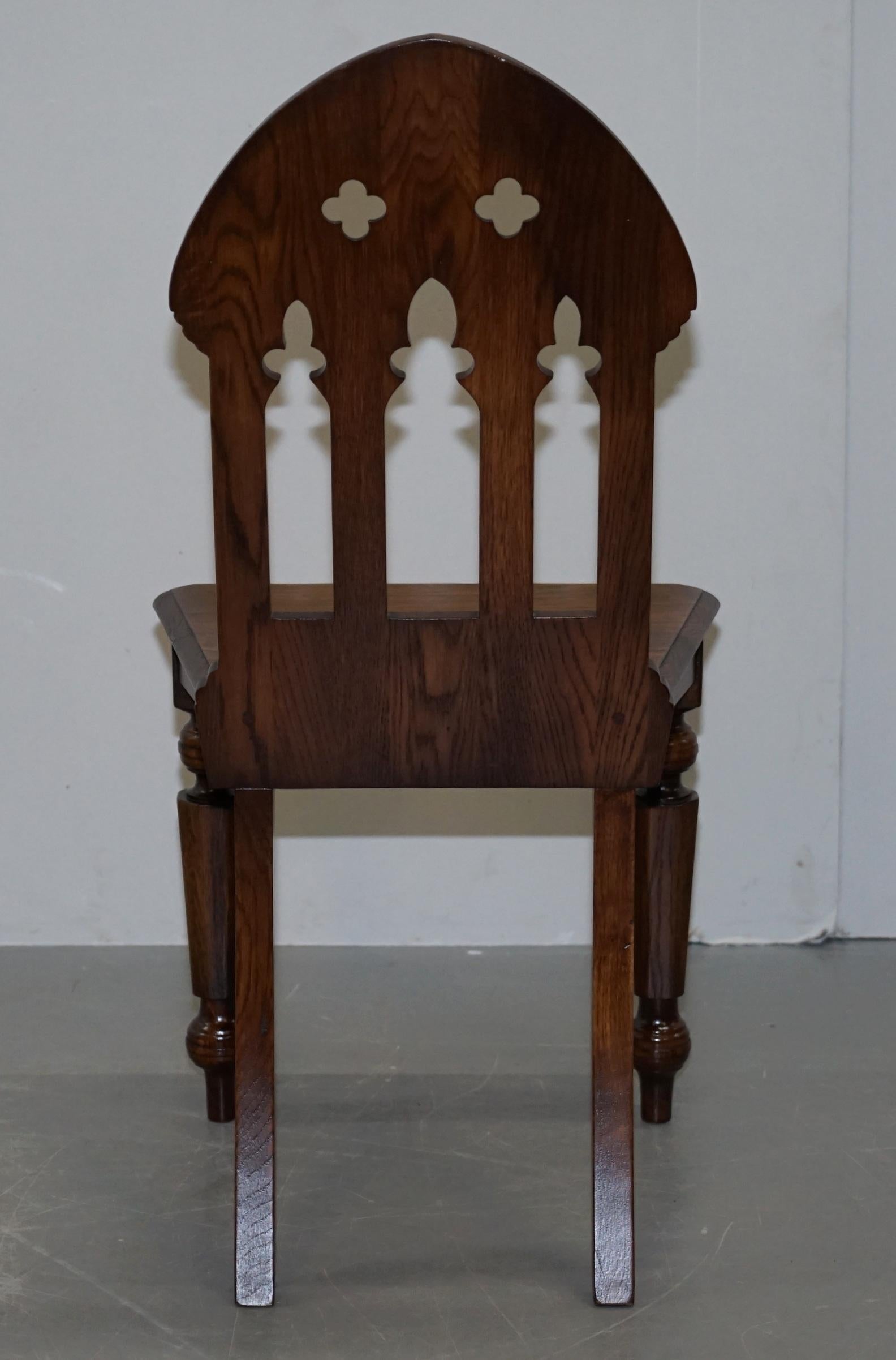 4 English Oak Gothic Steeple Back Dining Chairs Augustus Pugin Style Carving 6