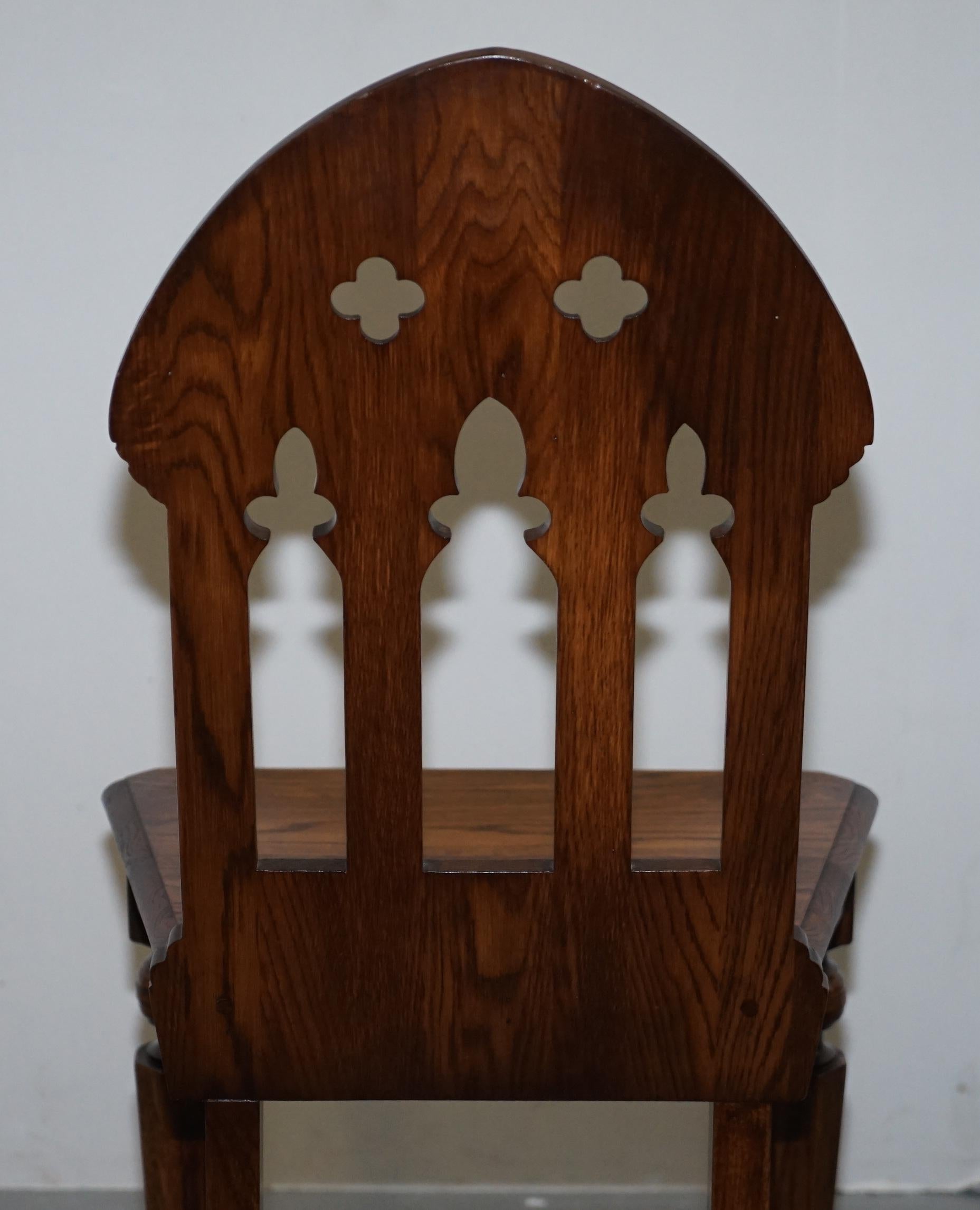 4 English Oak Gothic Steeple Back Dining Chairs Augustus Pugin Style Carving 7