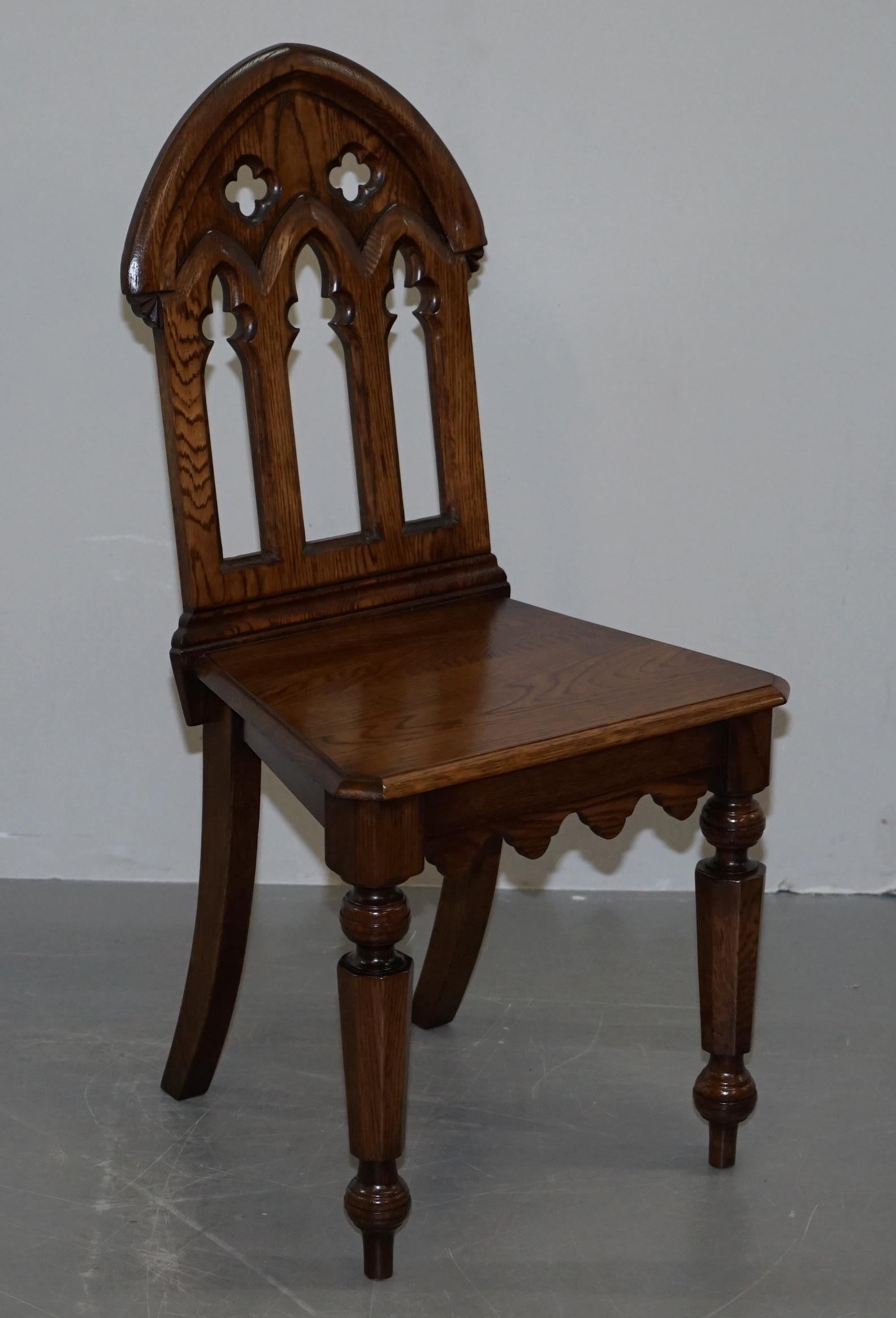 4 English Oak Gothic Steeple Back Dining Chairs Augustus Pugin Style Carving 8