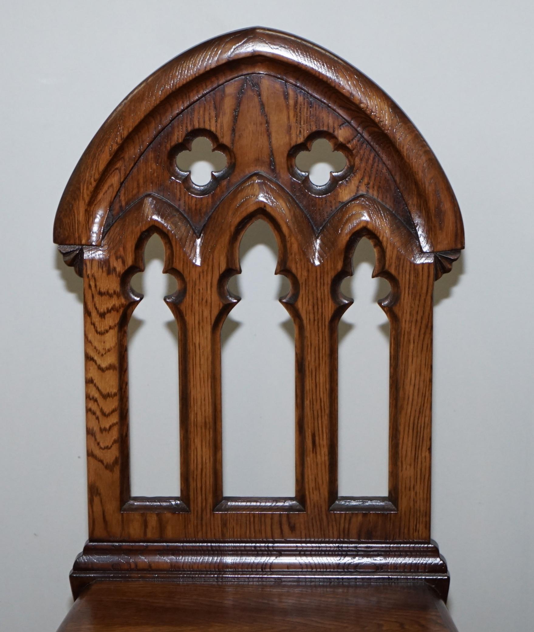 4 English Oak Gothic Steeple Back Dining Chairs Augustus Pugin Style Carving 9