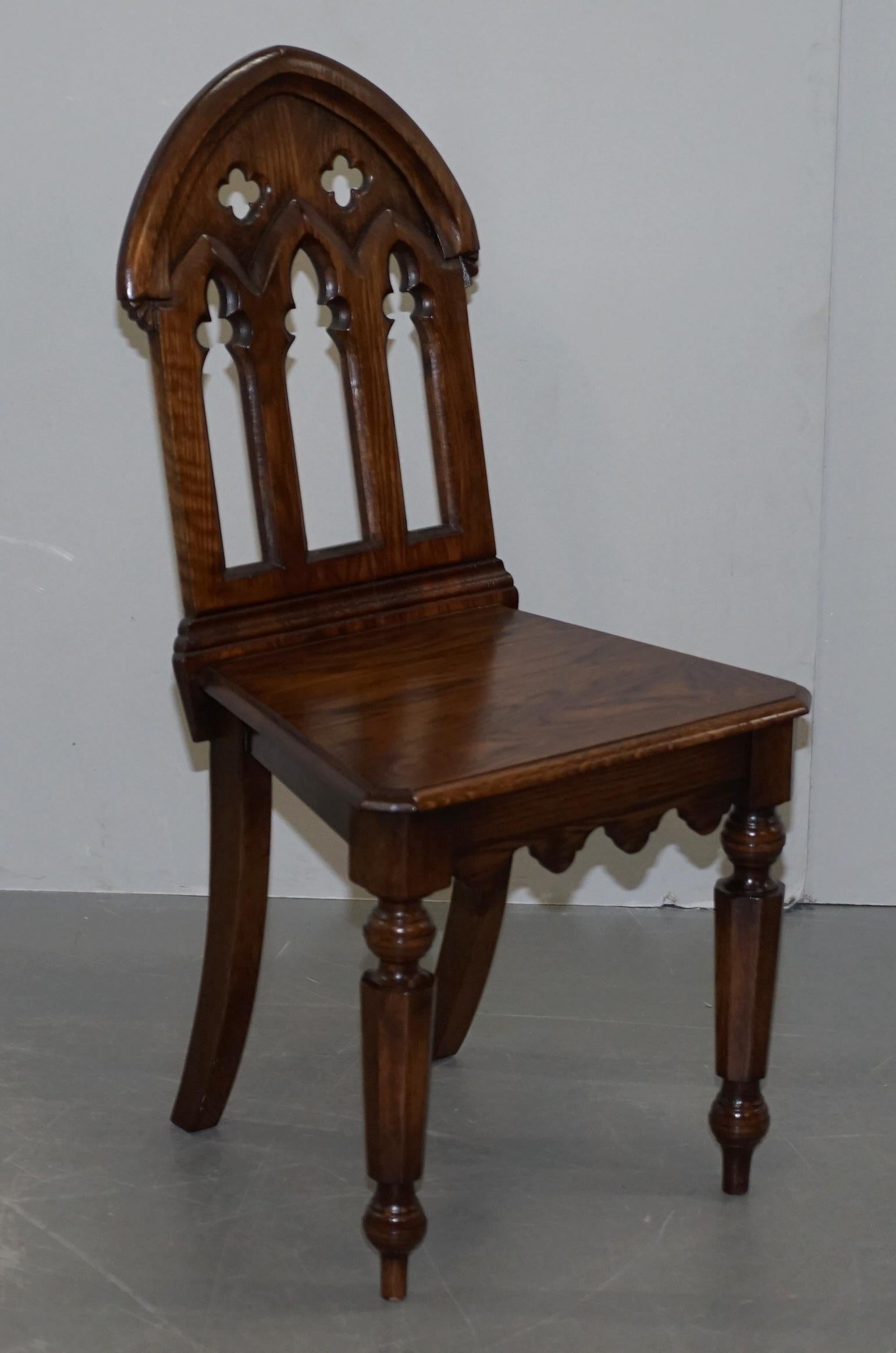 4 English Oak Gothic Steeple Back Dining Chairs Augustus Pugin Style Carving 10