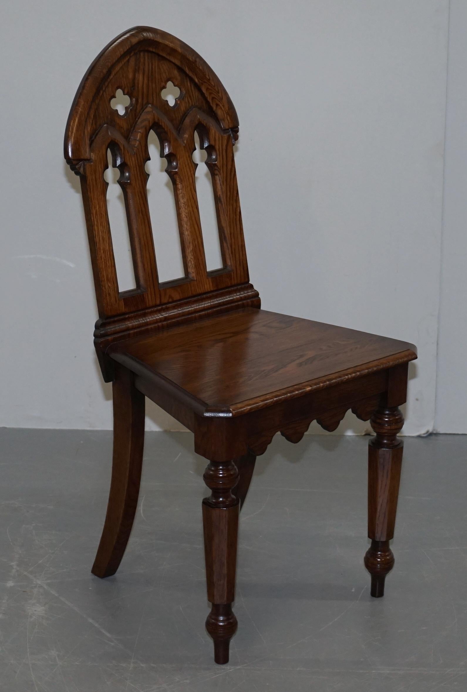 4 English Oak Gothic Steeple Back Dining Chairs Augustus Pugin Style Carving 13