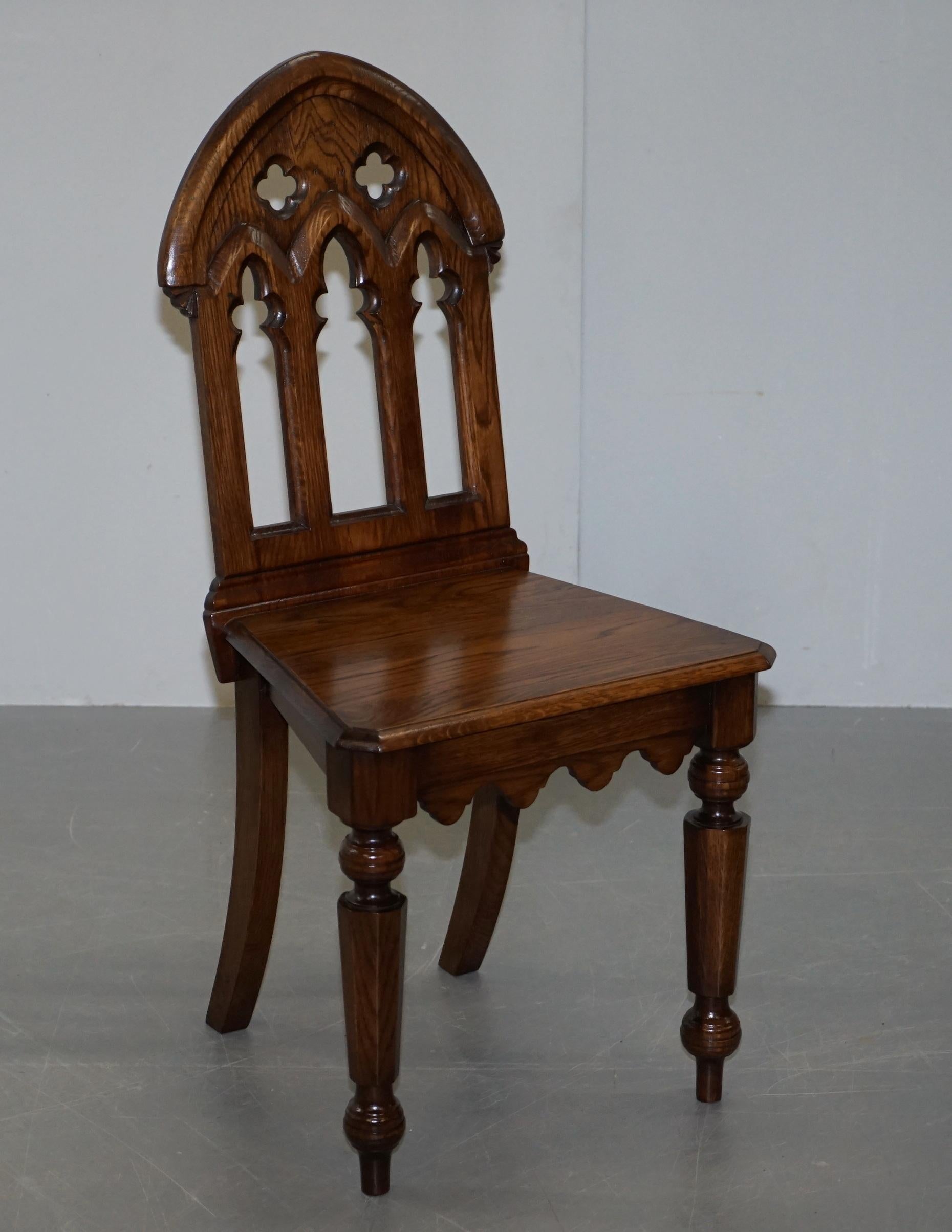 We are delighted to offer for sale this lovely suite of four steeple back gothic oak dining chairs in the Pugin manor

A truly sublime suite of ornately carved dining chairs, they look pure quality from all angles. Clearly base on the gothic