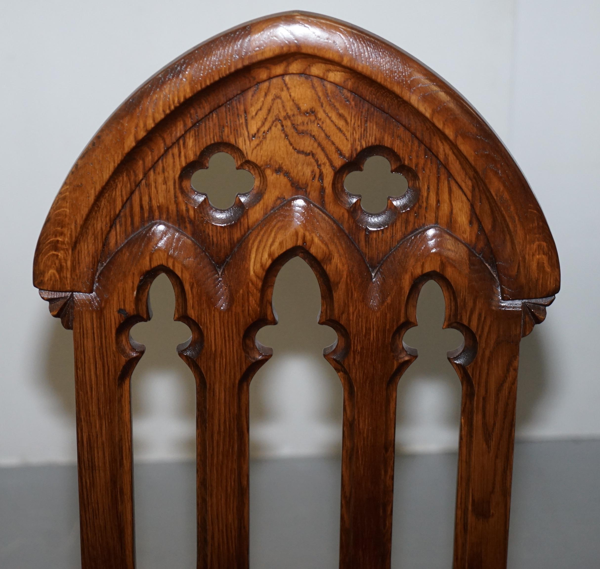 Hand-Crafted 4 English Oak Gothic Steeple Back Dining Chairs Augustus Pugin Style Carving