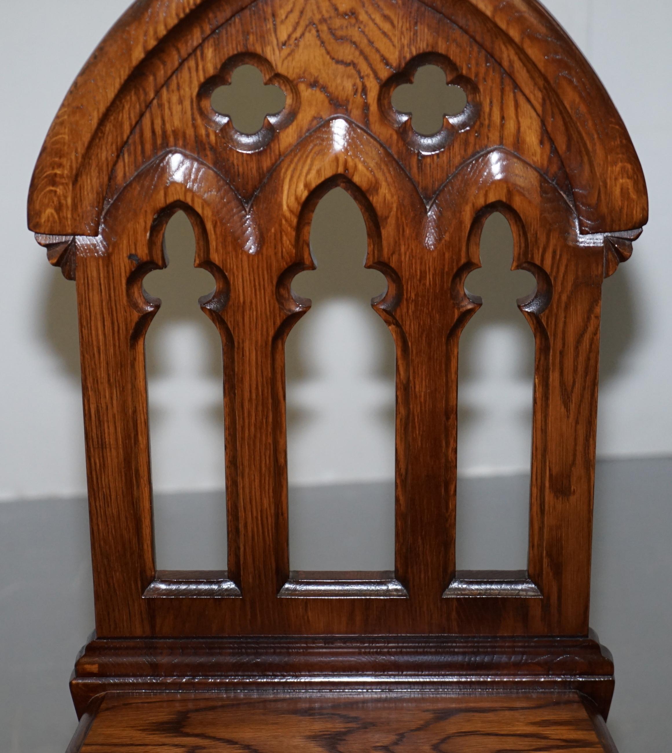 20th Century 4 English Oak Gothic Steeple Back Dining Chairs Augustus Pugin Style Carving