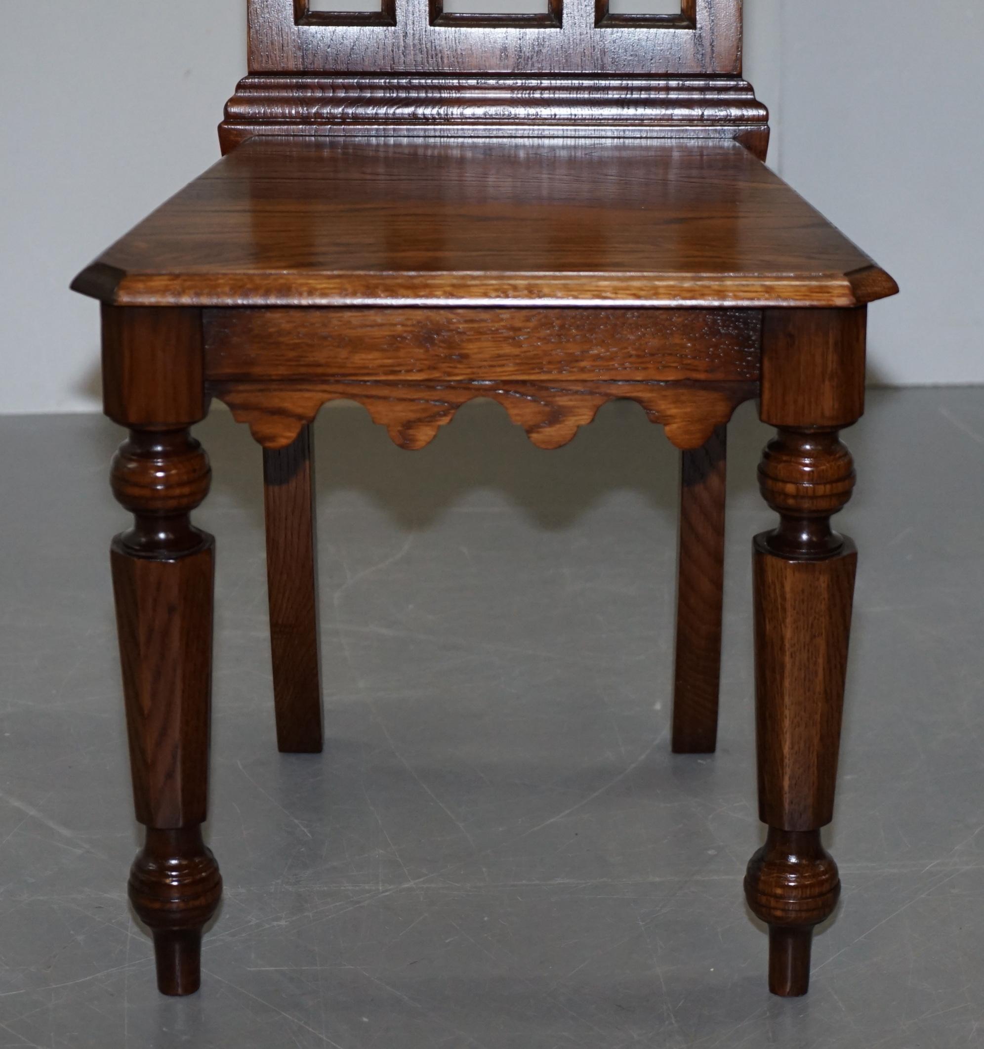 4 English Oak Gothic Steeple Back Dining Chairs Augustus Pugin Style Carving 1