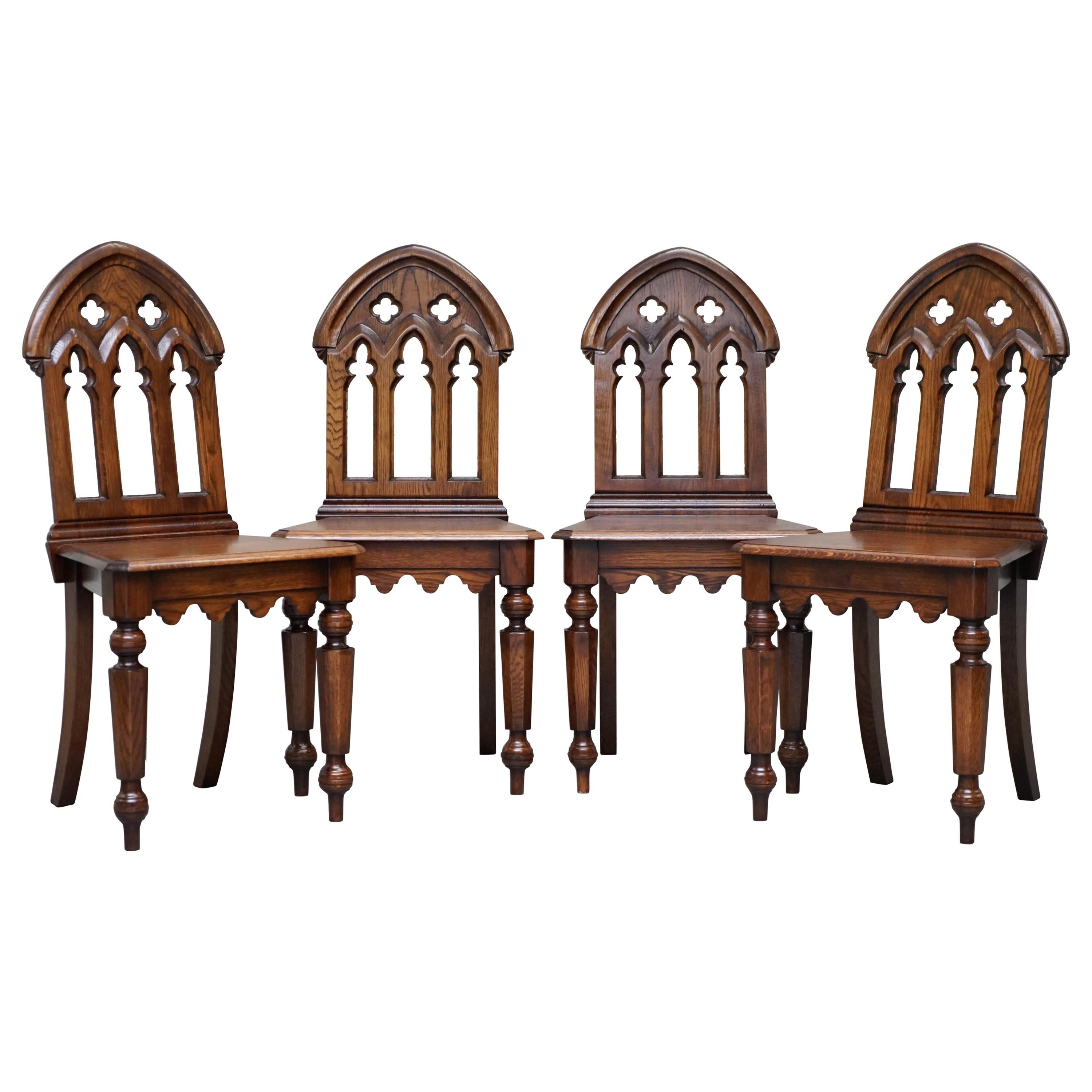 4 English Oak Gothic Steeple Back Dining Chairs Augustus Pugin Style Carving