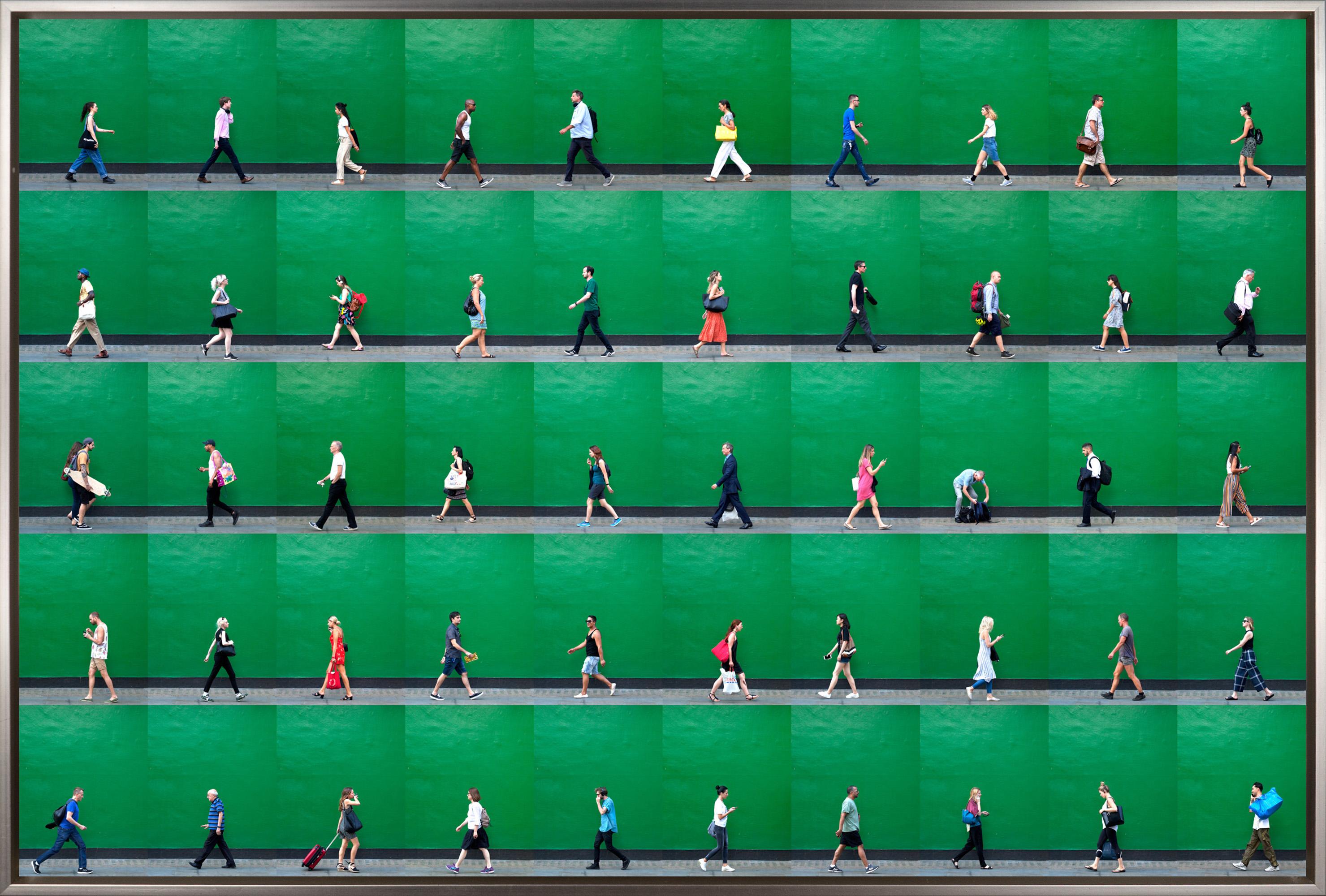 Xan Padron Color Photograph - "Soho, London" Figurative Photograph with Bright Green Background and Depth