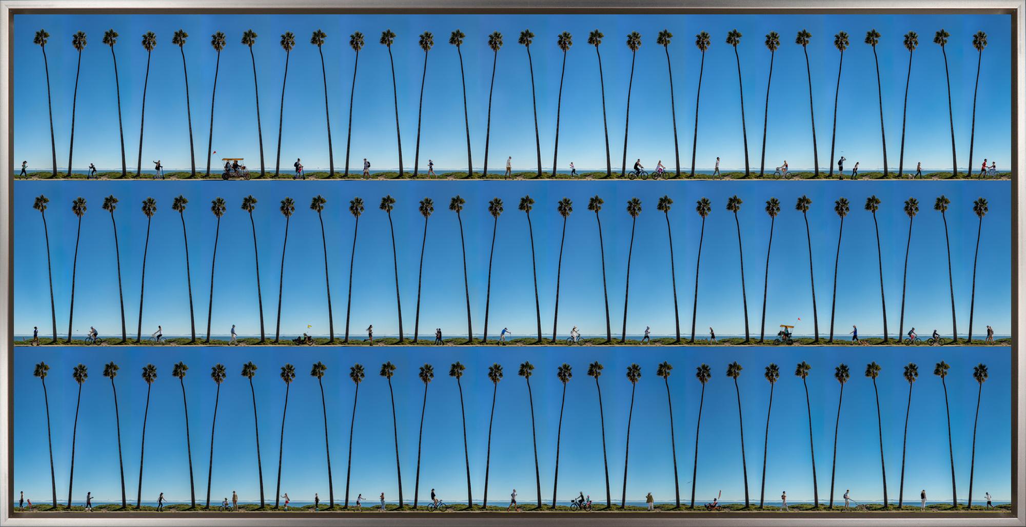 "Waterfront, Santa Barbara" is a framed photograph on aluminum by Xan Padron, depicting a compilation of walking figures set against a compelling shoreline with palm trees. Padron's signature technique of splicing together individual photographs to