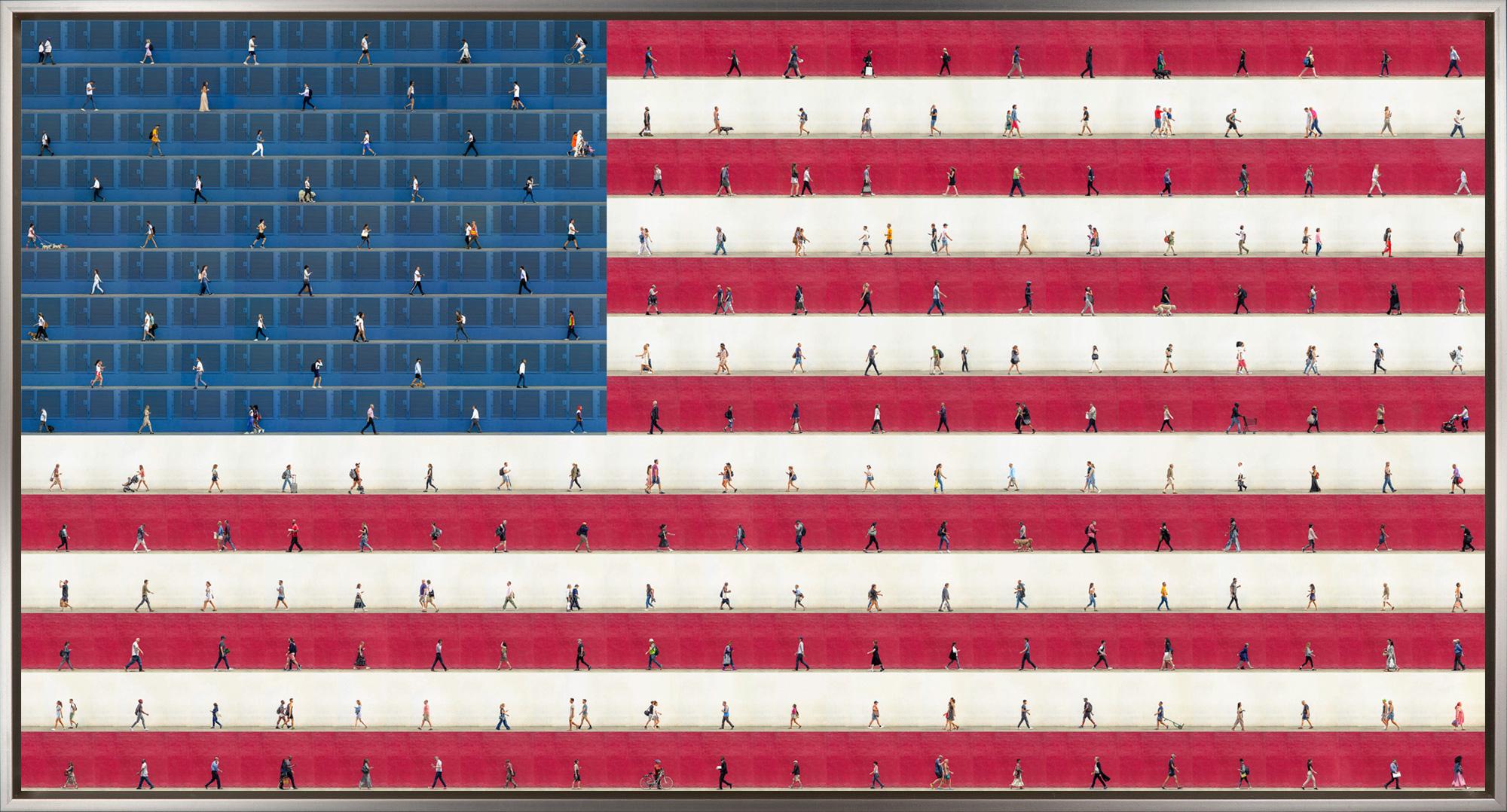 "We the People" is a framed photograph on aluminum by Xan Padron, depicting a compilation of walking figures arranged to create an American flag. Padron's signature technique of splicing together individual photographs to craft a larger composition