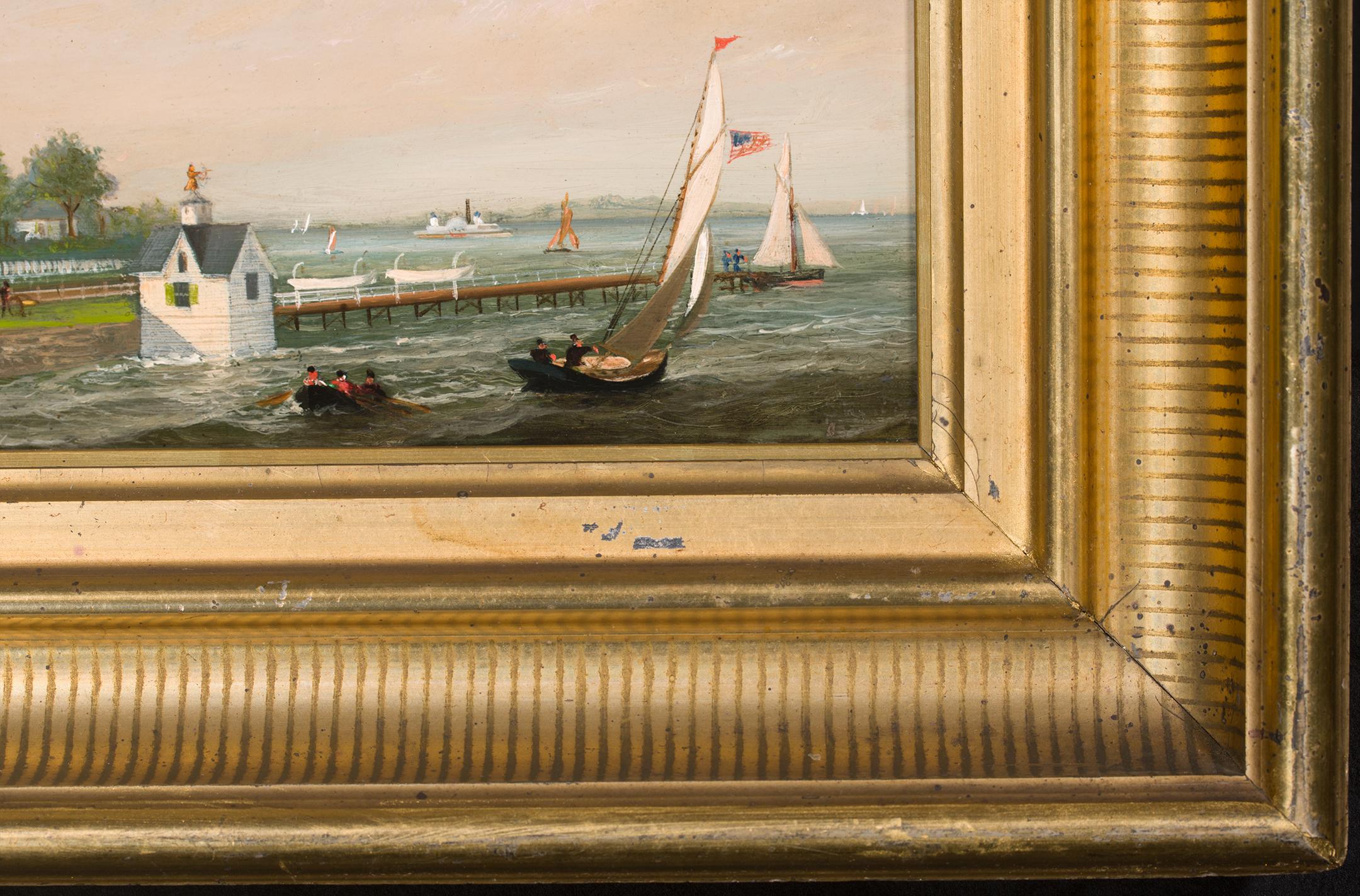 Aunque sugiere un club náutico o de yates debido a su ubicación privilegiada frente al mar, esta vista panorámica del artista de Filadelfia Xanthus Smith, muestra muy probablemente una instalación del Servicio de Salvamento de EE.UU. en uno de los