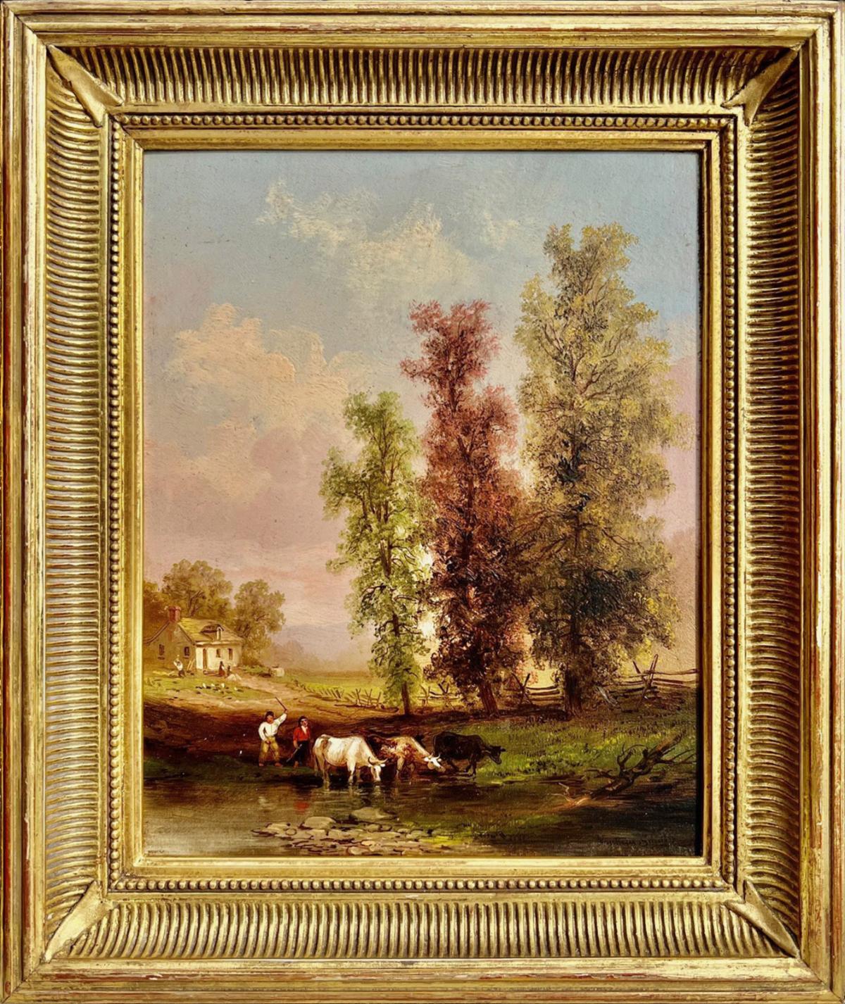 L'œuvre "Watering the Cows" de l'artiste de l'Hudson River School Xanthus Russell Smith (1845-1933) est une huile sur panneau, mesure 10 x 8 pouces, et est signée, titrée et dat�ée 1883 au verso. L'œuvre est encadrée dans un cadre d'époque et prête à