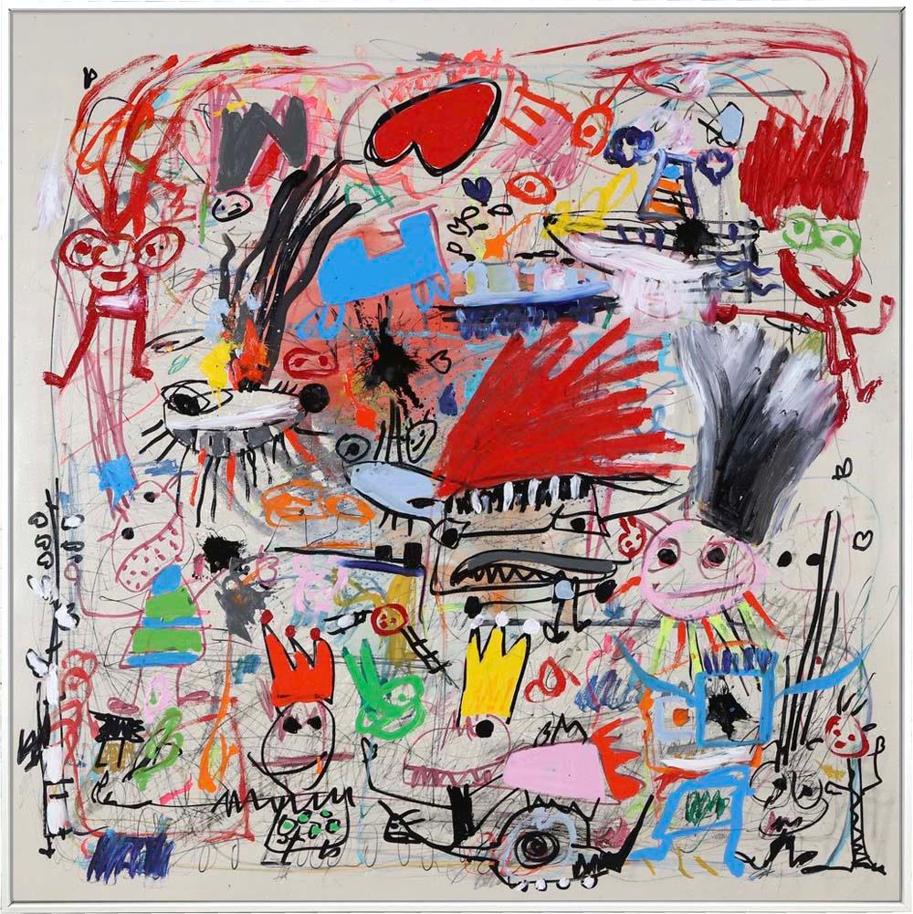 Spanish artist Xavi Carbonell born 1971, actively paints like a child as an adult, and leaves all of his pieces "untitled" so that each viewer can create their own story.  The resulting work is fun, fresh, and powerful. The play-fullness of the