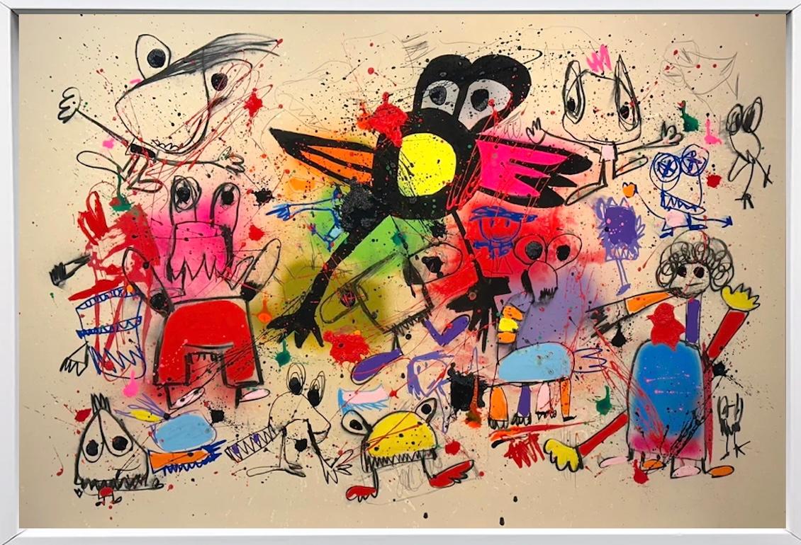 Vibrant, chaotic, and irresistibly fun — this piece explodes with color and imagination. Whimsical figures and spontaneous gestures fill the canvas with energy, humor, and emotion. It’s a joyful collision of street art and childhood fantasy,