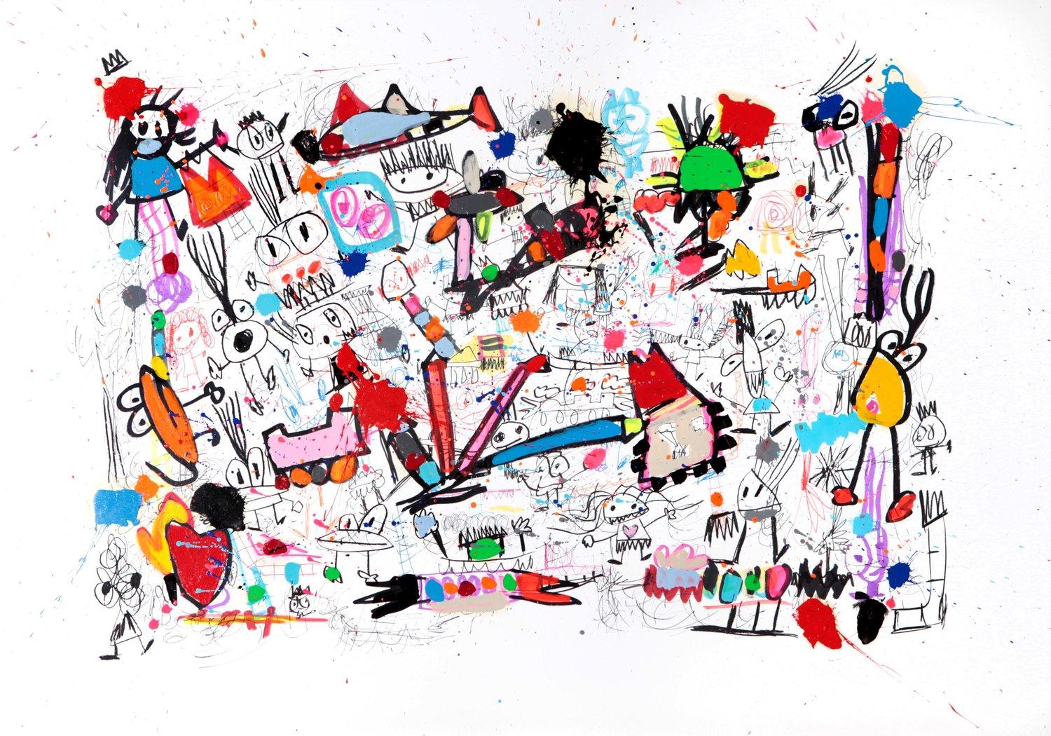 Spanish artist Xavi Carbonell born 1971, actively paints like a child as an adult, and leaves all of his pieces "untitled" so that each viewer can create their own story.  The resulting work is fun, fresh, and powerful. The play-fullness of the
