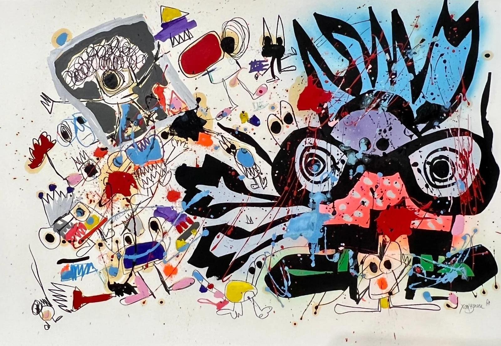 Bursting with energy and imagination, this mixed-media piece blends childlike wonder with bold contemporary expression. Vibrant splashes of color, playful characters, and dynamic lines create a joyful chaos that feels spontaneous yet intentional.