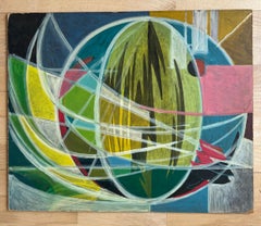 Circles Abstract Painting, Oil on Wood, Mid-20th Century, Unsigned
