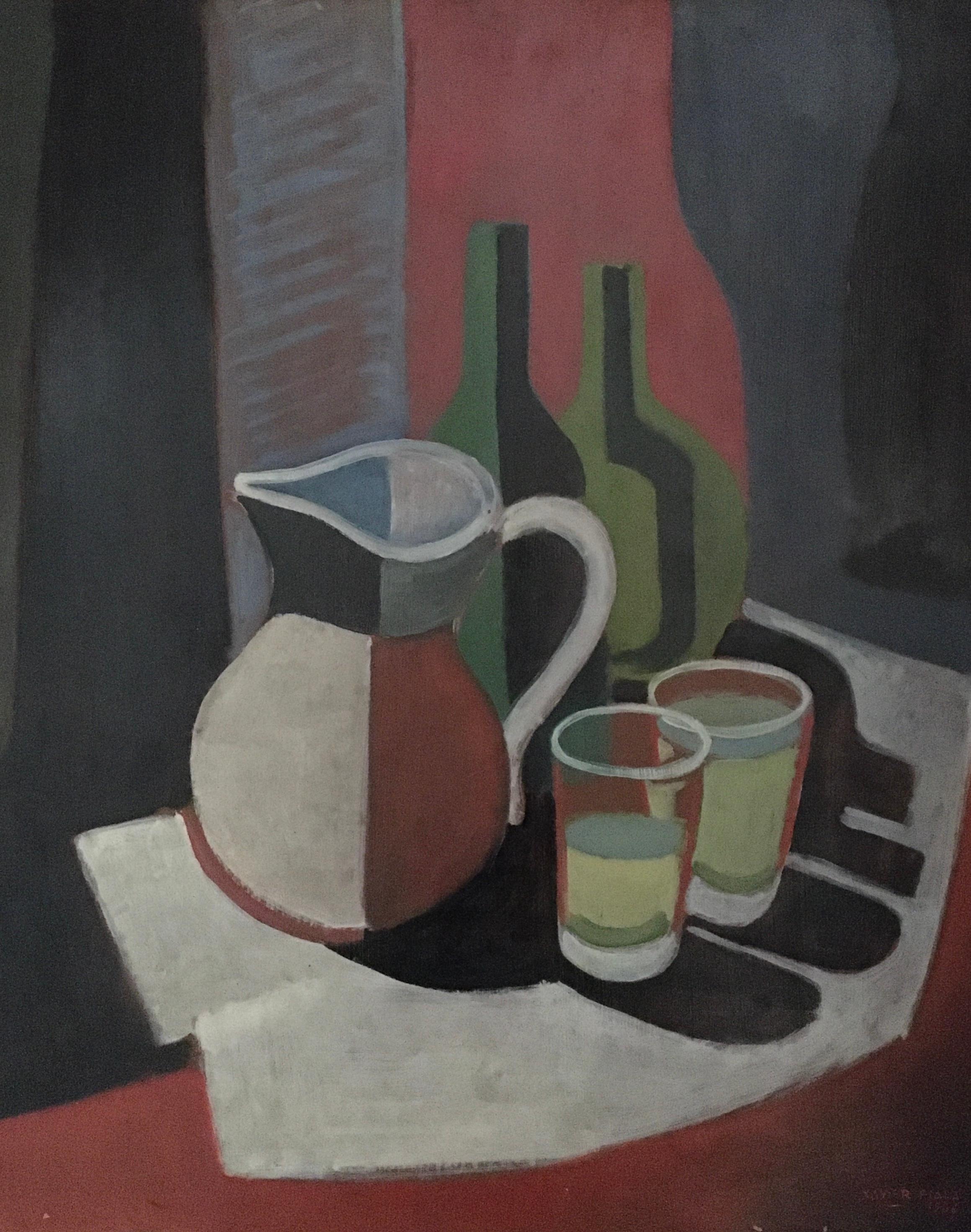 Xavier Albert Fiala Abstract Painting - Cubist still life with pitcher and bottles