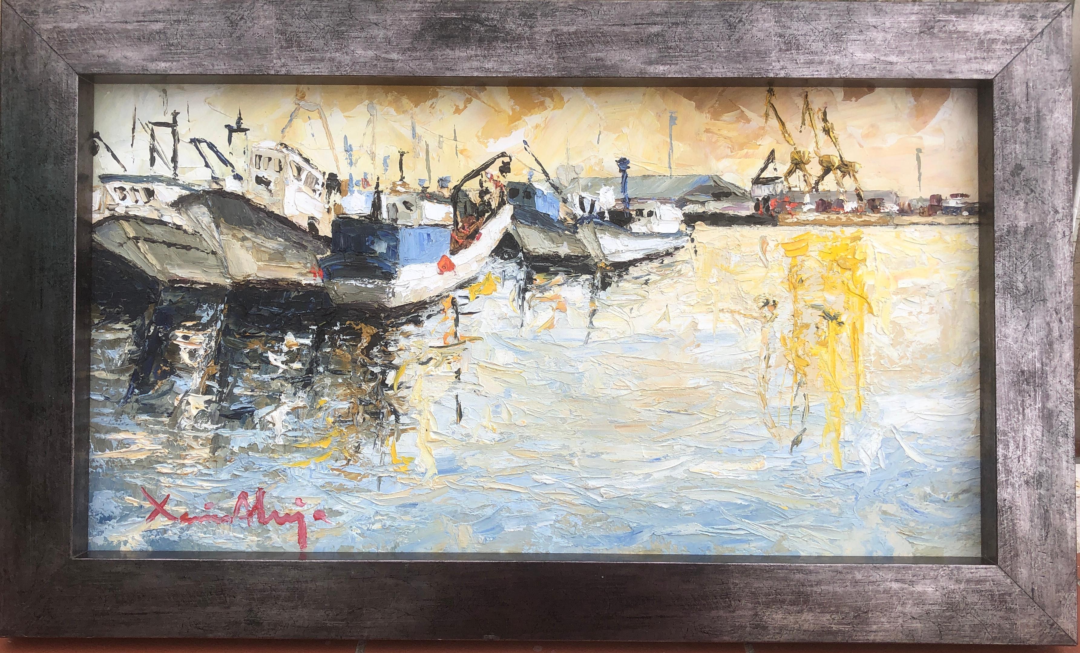 Tarragona fishing port oil on cardboard painting Spain - Painting by Xavier Aluja
