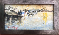 Port of Tarragona, Spain – Oil on Cardboard, 2004 – Framed Mediterranean Harbor