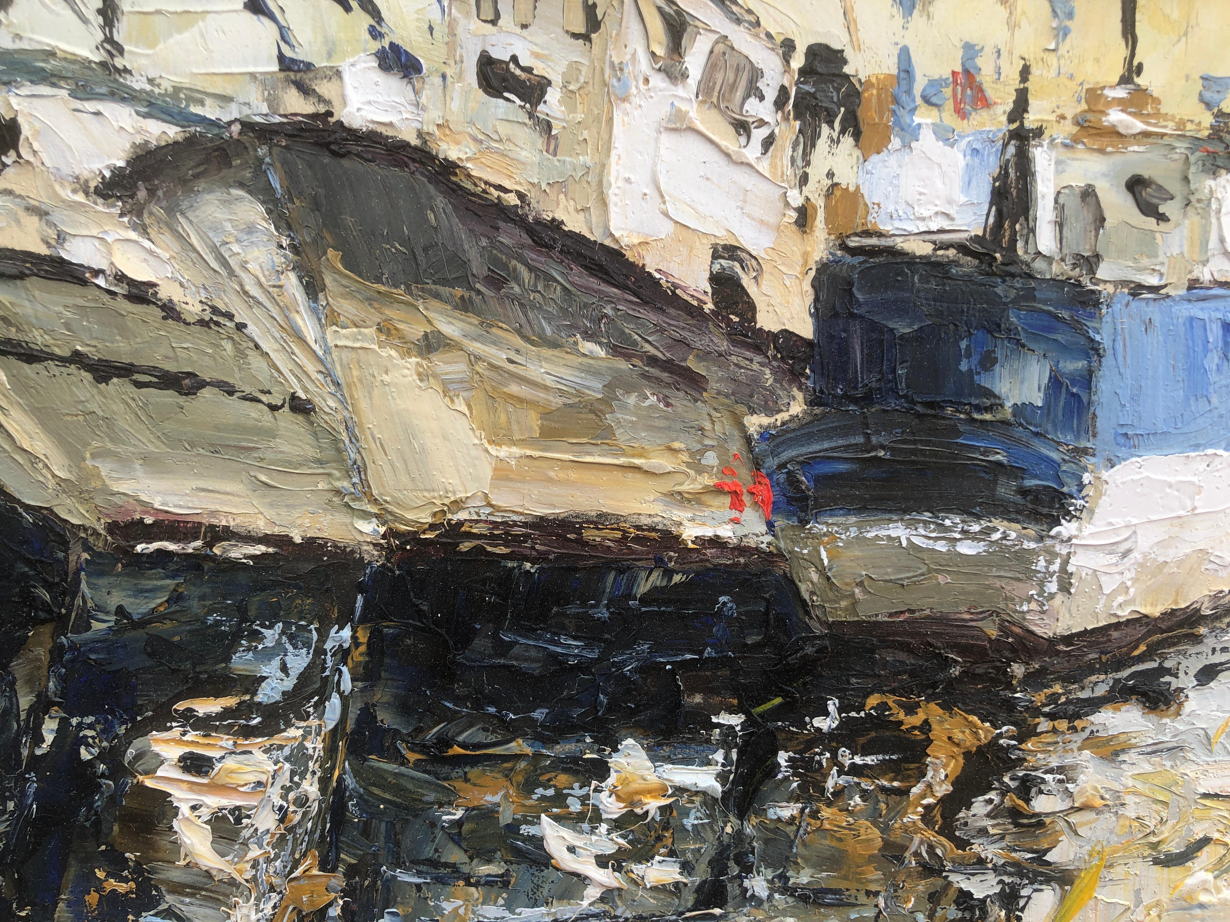 Tarragona fishing port oil on cardboard painting Spain - Beige Landscape Painting by Xavier Aluja