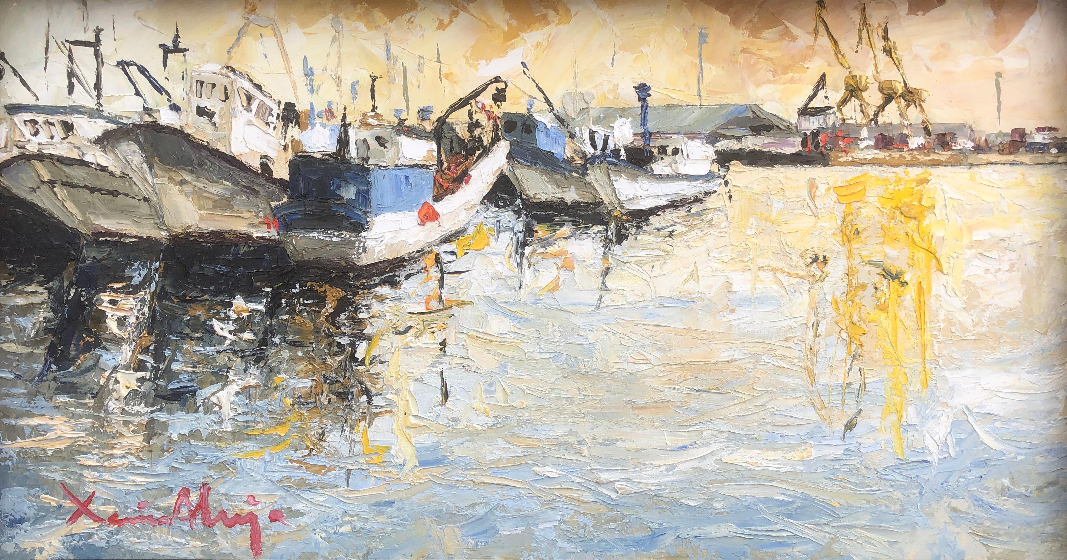 Xavier Aluja Landscape Painting - Tarragona fishing port oil on cardboard painting Spain