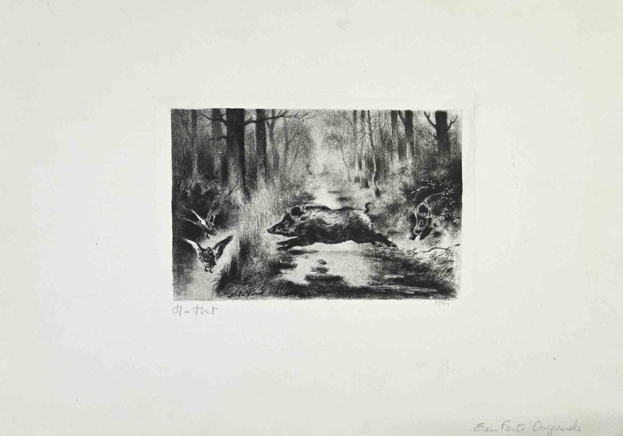 The Wild Boars is a B./W.  etching on paper realized on 1934 by the French artist Xavier de Poret.

Hand Signed on the left and dated on the right corner.