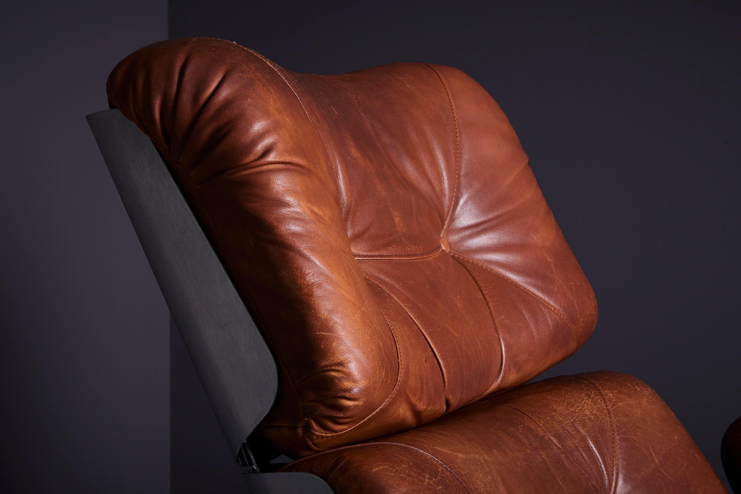Leather Xavier Feal Lounge Chair with Ottoman, France - 1970s  For Sale