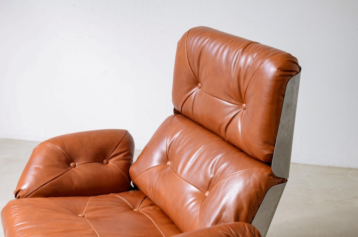 Xavier Feal  rare swivel chair with footrest in curved steel In Excellent Condition For Sale In Milano, IT