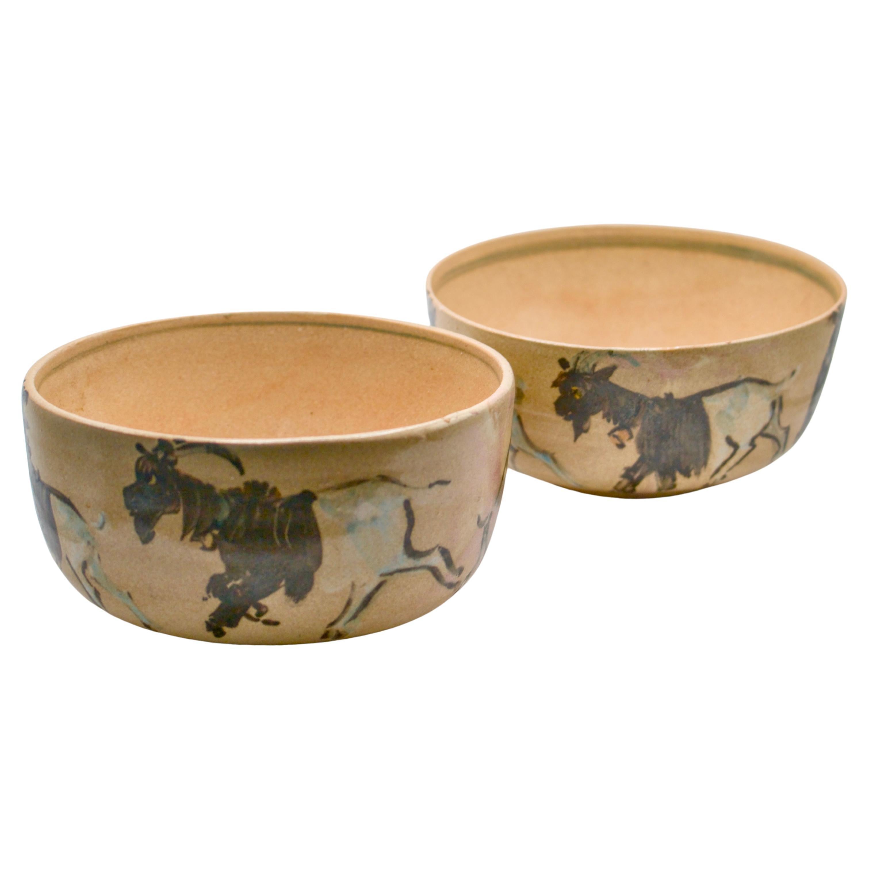 “Xavier” hand-painted wooden bowls, set of two For Sale