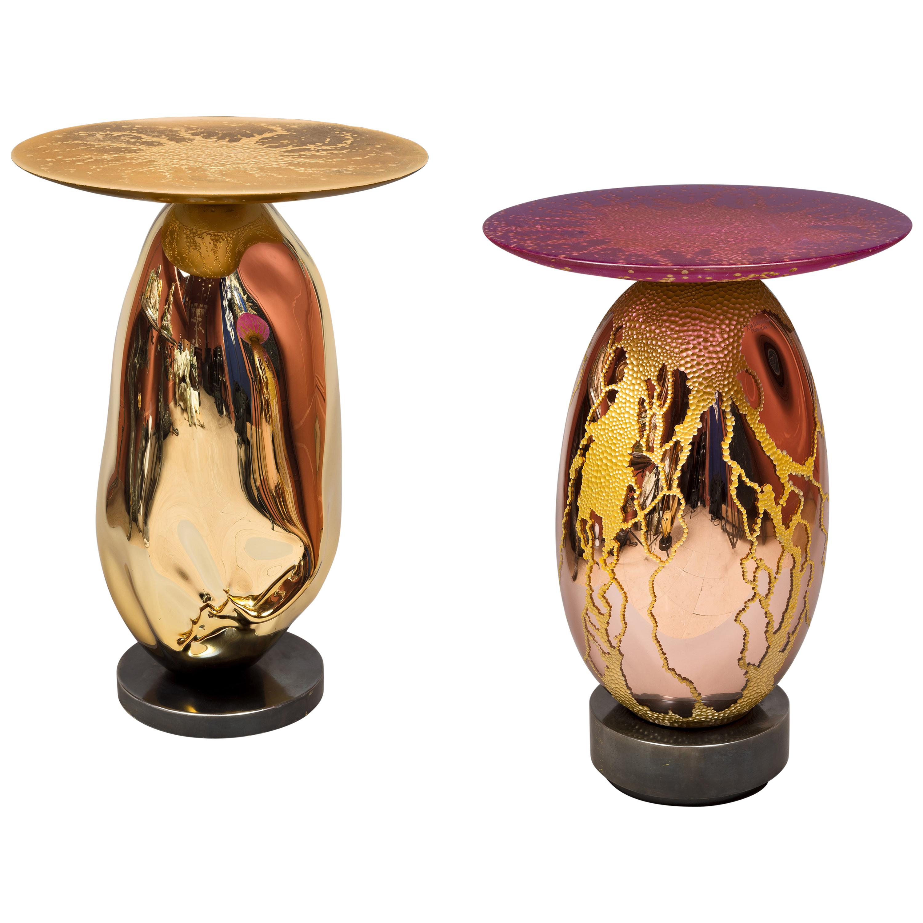 Xavier Le Normand 2018,  Pair of Unique Blow Glass Octopus Tables, Crystal Tops
