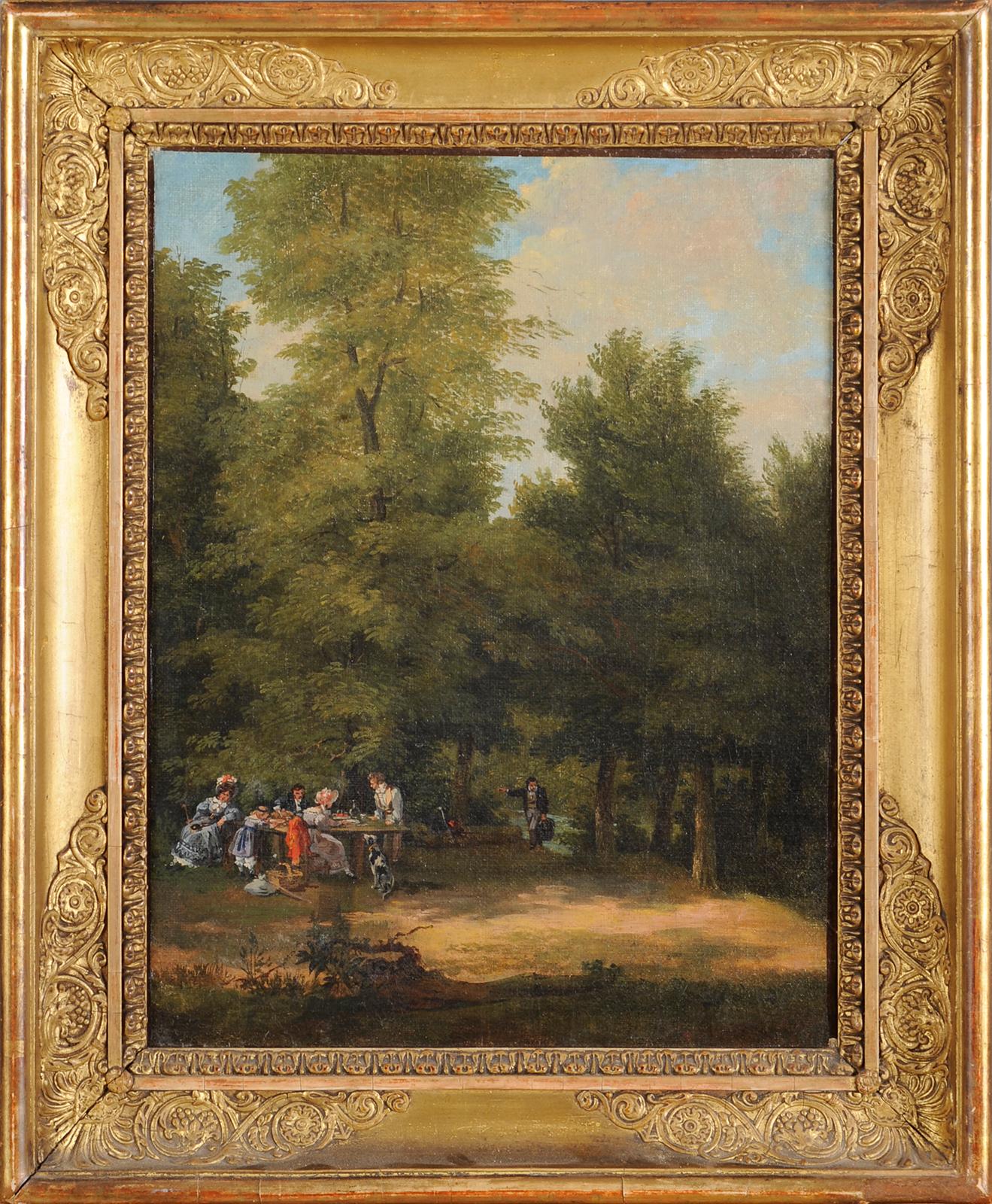 Circle of Xavier LEPRINCE
(Paris 1799 - Nice 1826)
Picnic in the forest
Oil on canvas
H. 36 cm; L. 26 cm

This picnic scene places us around 1825/35, which makes it a rare representation of such a subject in the first years of its popularization.