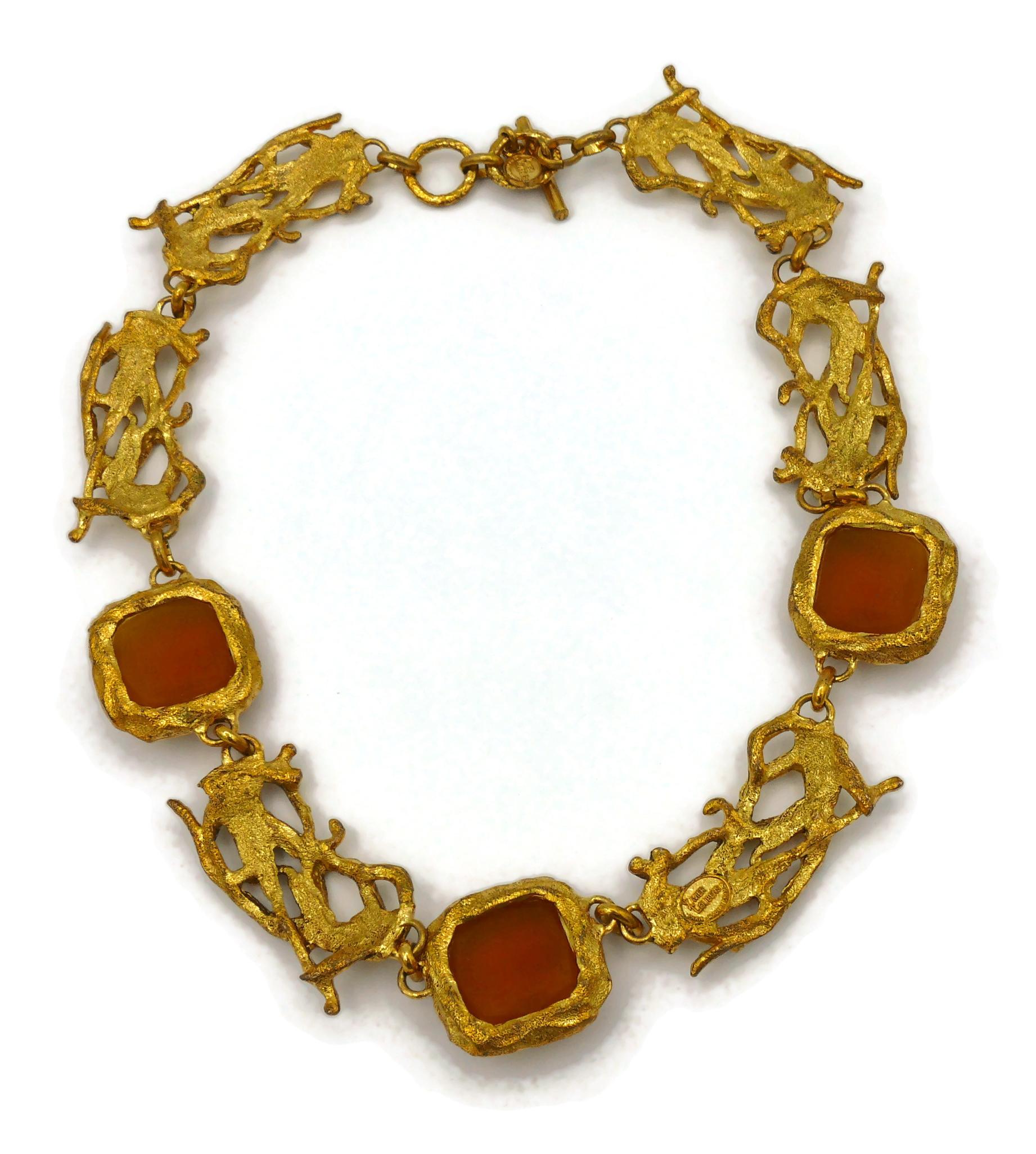 XAVIER LOUBENS Vintage Gold Tone Link & Frosted Glass Cabochon Necklace For Sale 3