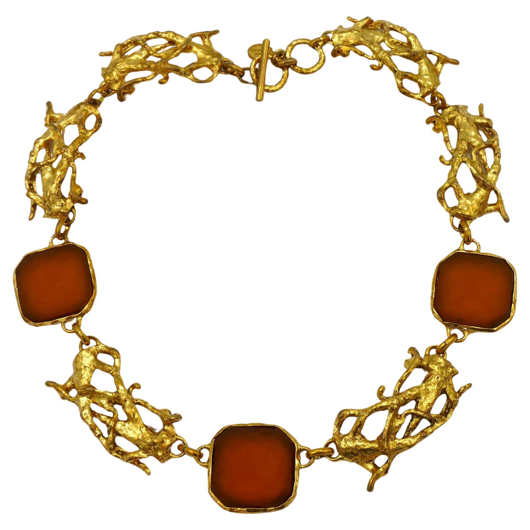 XAVIER LOUBENS Vintage Gold Tone Link & Frosted Glass Cabochon Necklace For Sale