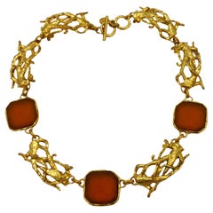 XAVIER LOUBENS Vintage Gold Tone Link & Frosted Glass Cabochon Necklace