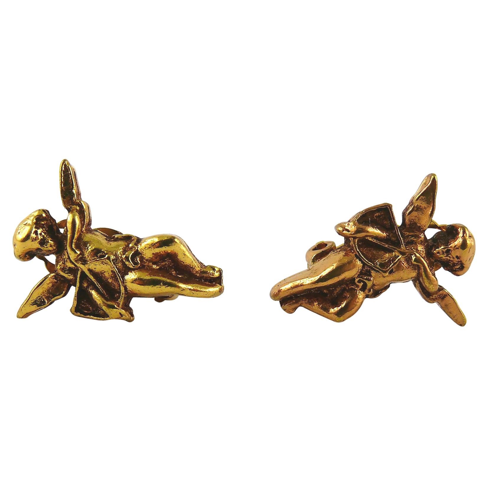 Xavier Loubens Vintage Gold Toned Cupid Clip-On Earrings For Sale