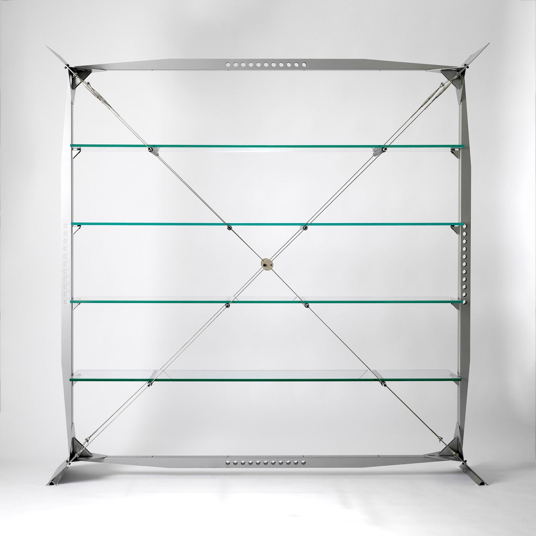 XAVIER MATEGOT (Born in 1956)
XM2 bookcase, 1986
Farjon editor
Folded sheet metal, steel, glass and aluminum cables 
H. 198 cm - L. 198 cm - D. 44.5 cm