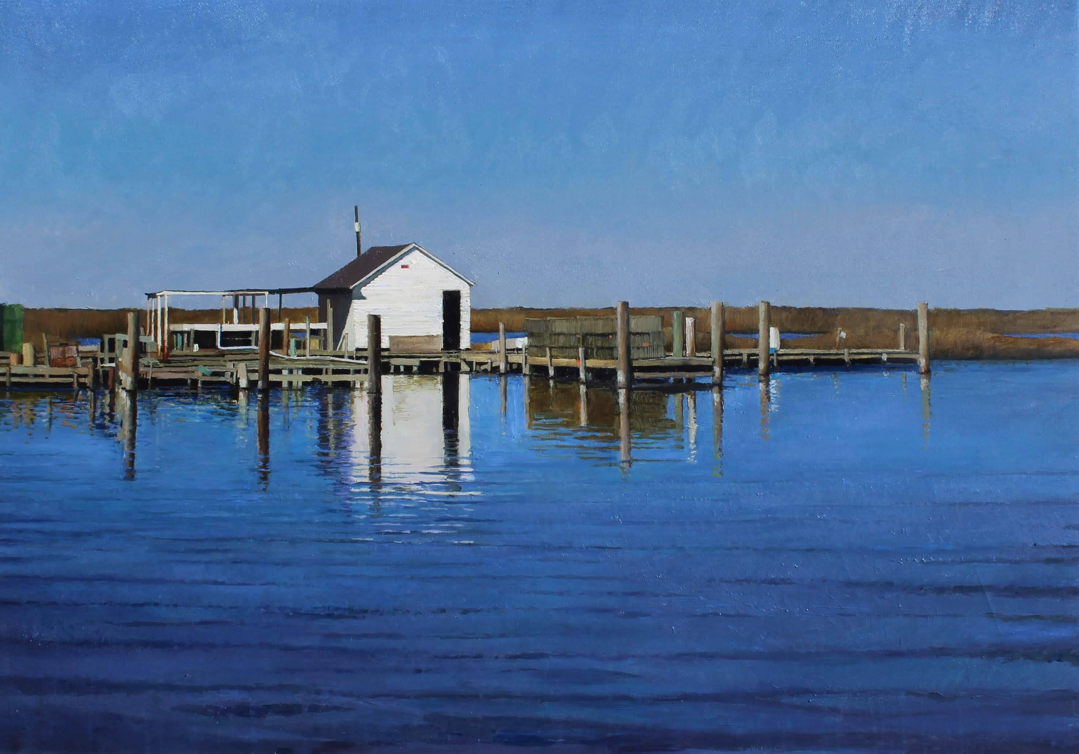XAVIER RODÉS Figurative Painting - Dock and Shack, oil paint on linen