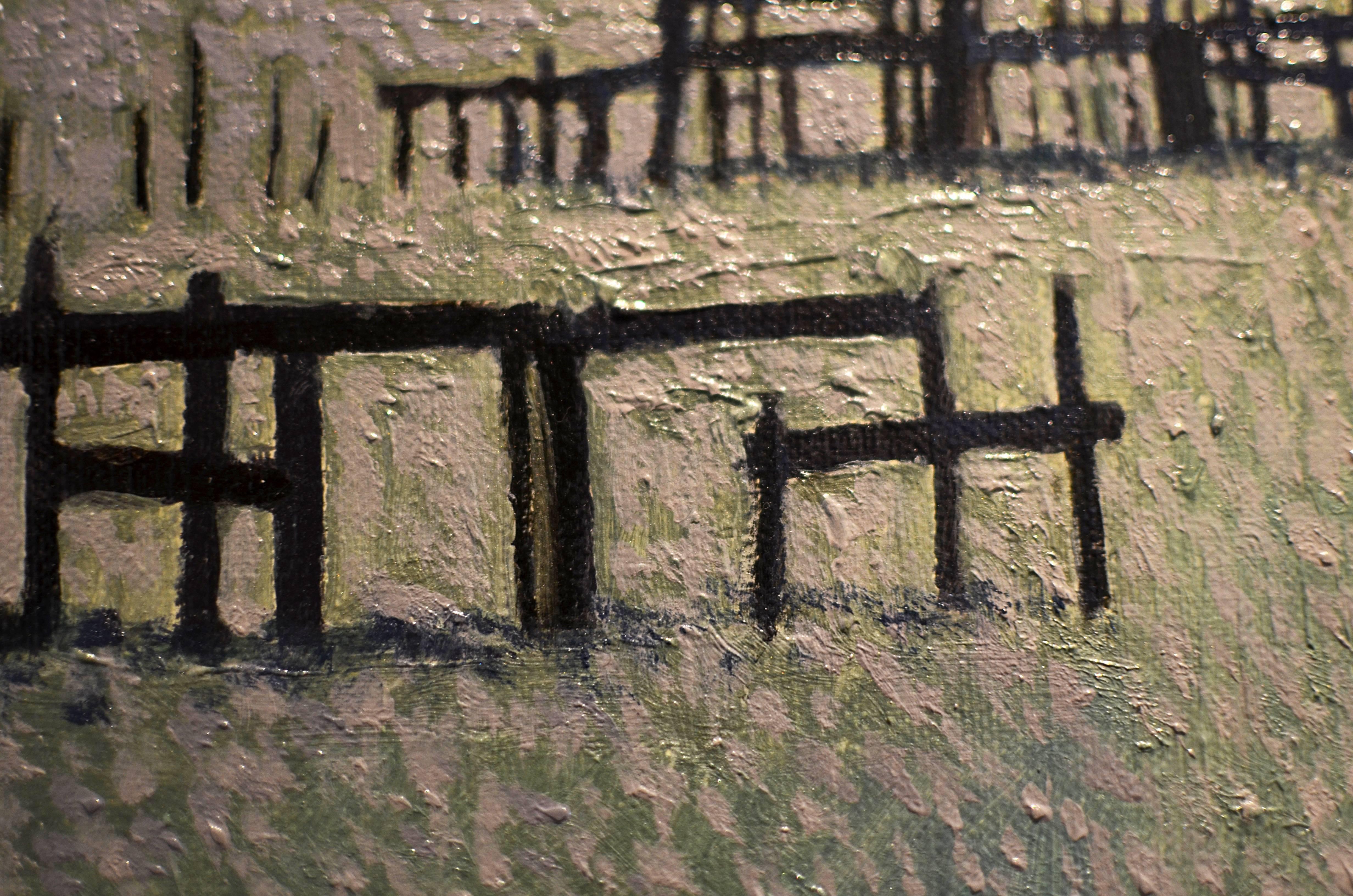 Fences, oil paint on linen - Gray Figurative Painting by XAVIER RODÉS