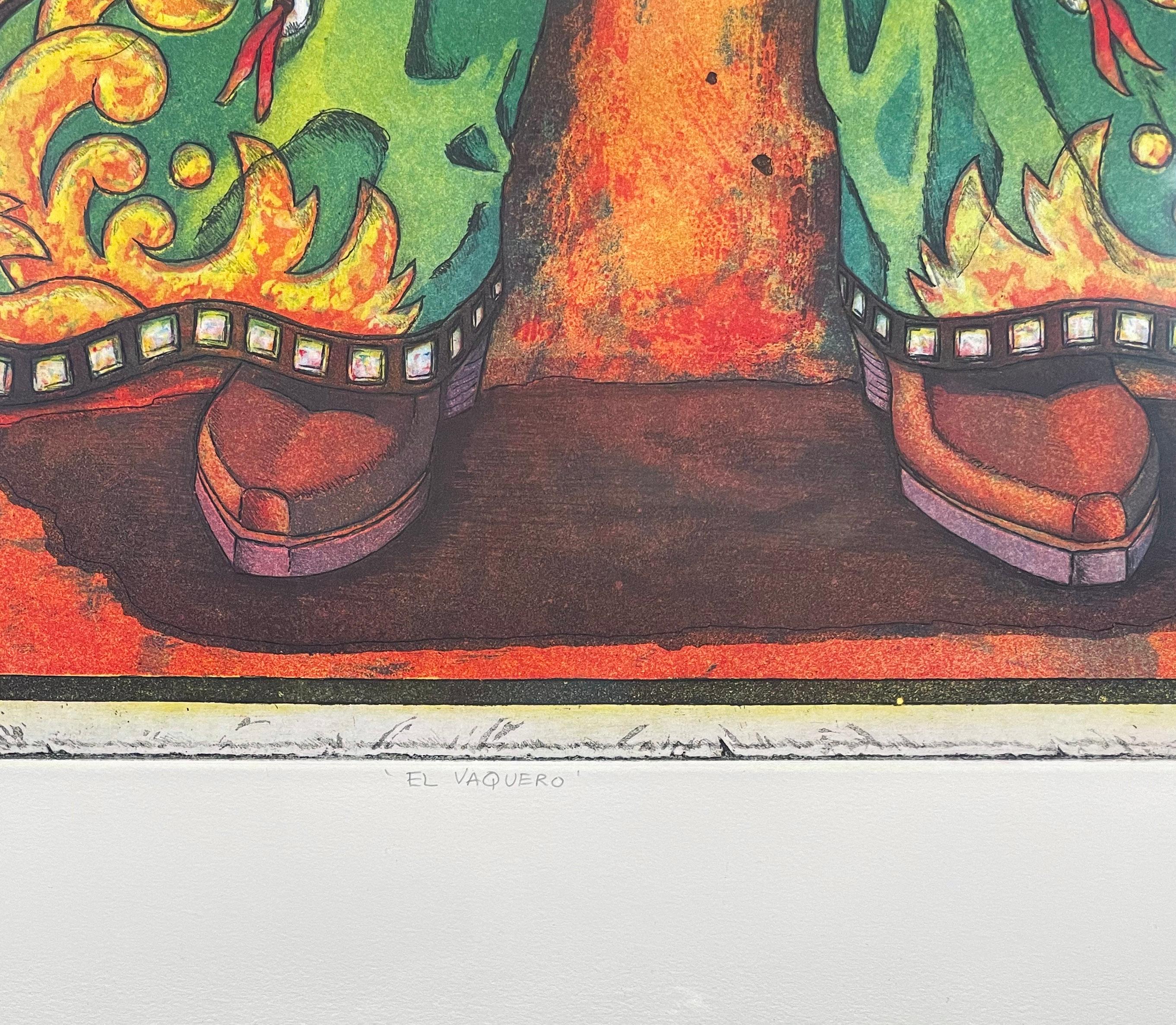 This is one of six cowboy images completed by the artist. Chicano artist Viramontes is known for both political subject matter, as well as more personal subjects.  

In the 1970's, Viramontes worked with the Galeria De La Raza of San Francisco on a
