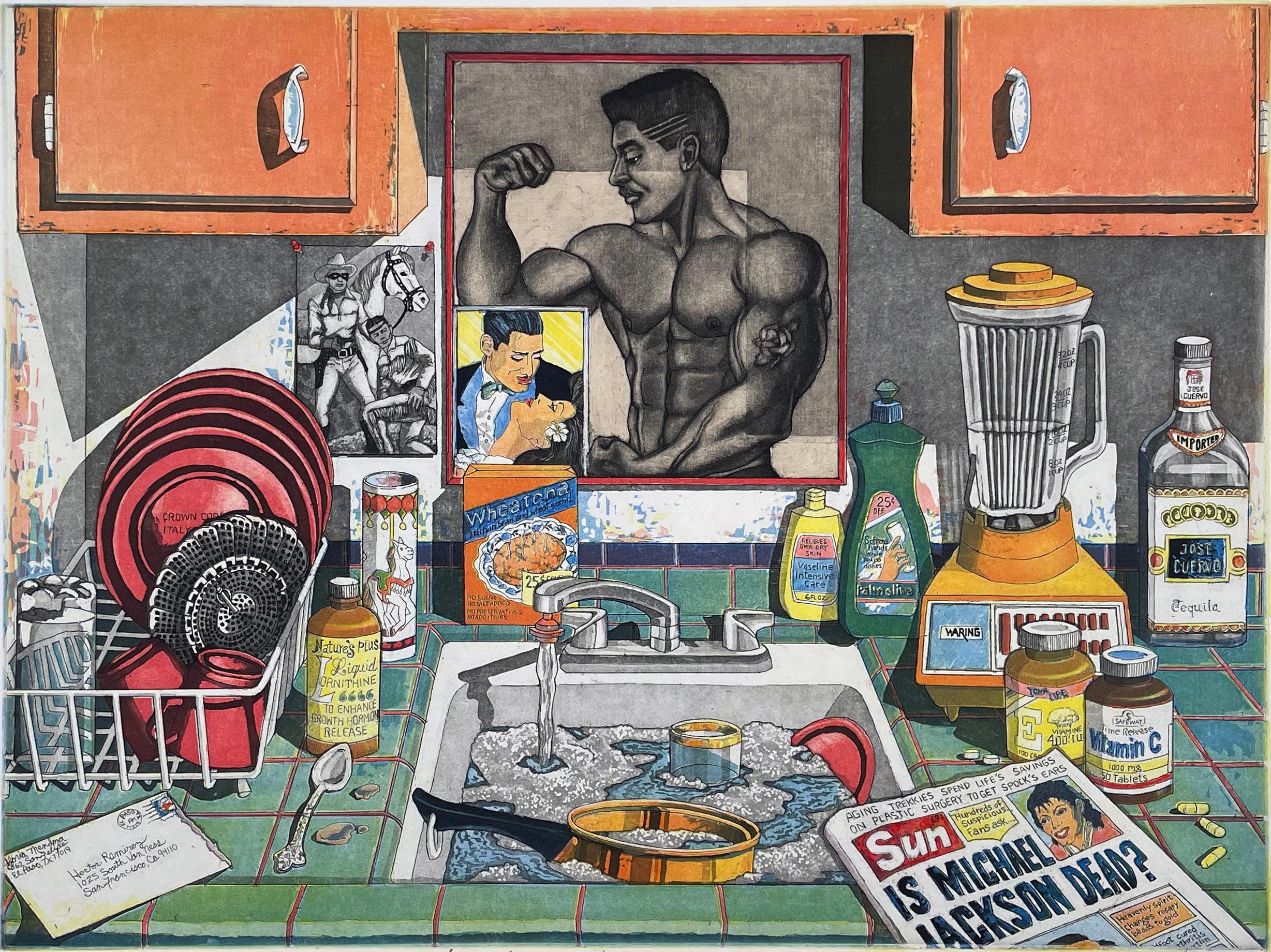 Signed, titled and numbered #15/30. This is one in a series of prints related to letters and notes from a teen age friend. The other prints in the series are Chocolate Kisses and The Letter. The image shows a cluttered kitchen with signs of partying