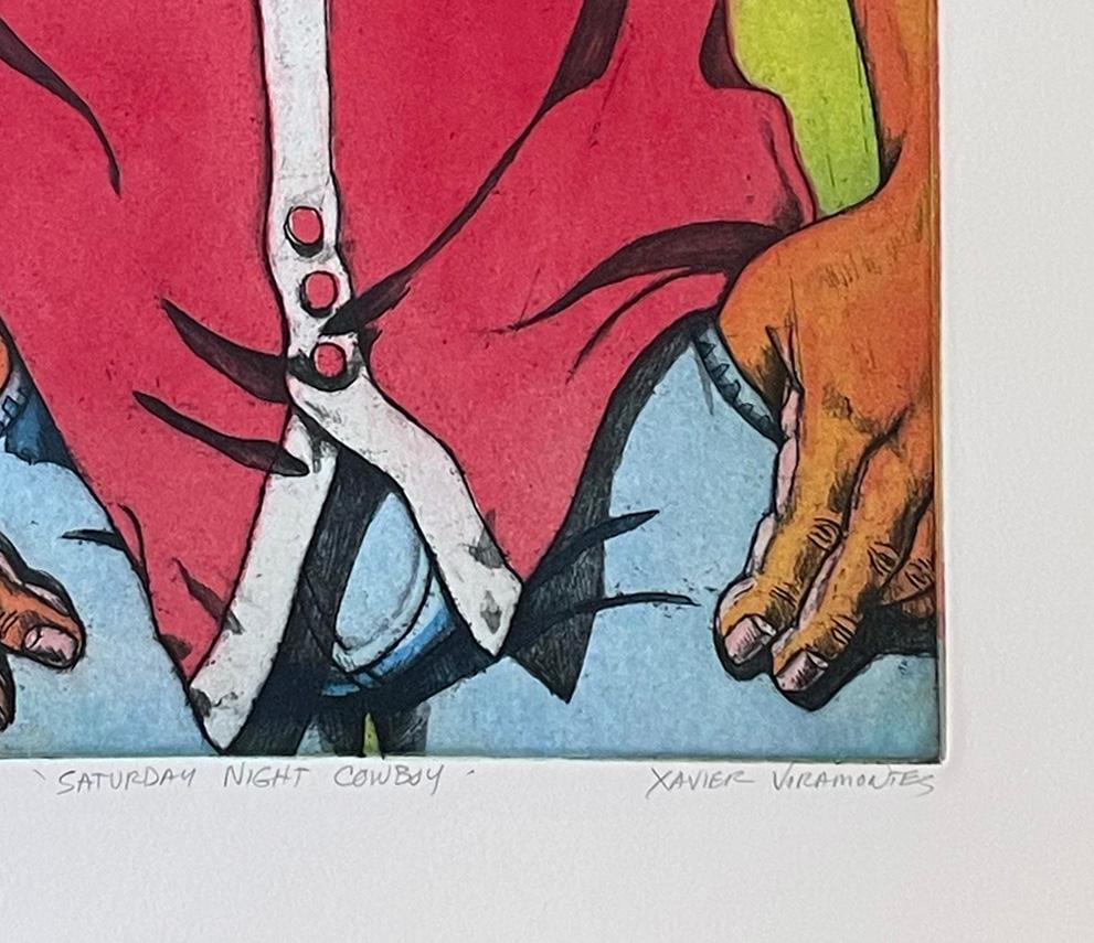 Saturday Night Cowboy - Figurative Print Rosa di Xavier Viramontes