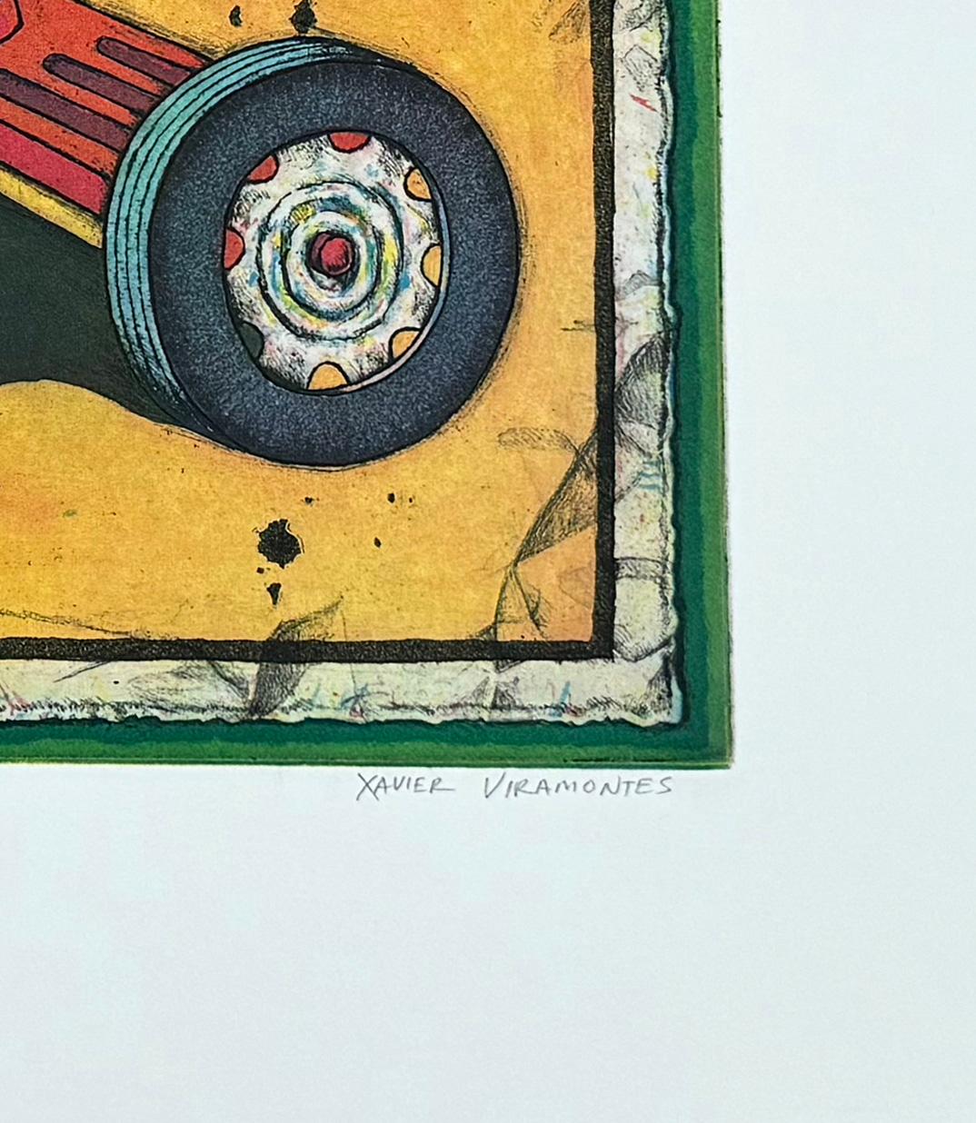 Childhood memories of a red tricycle led to this print by Chicano artist Xavier Viramontes.

In the 1970's, Viramontes  designed the poster for the United Farmworkers Union, 'Boycott Grapes’, which is now part of the permanent collection of the