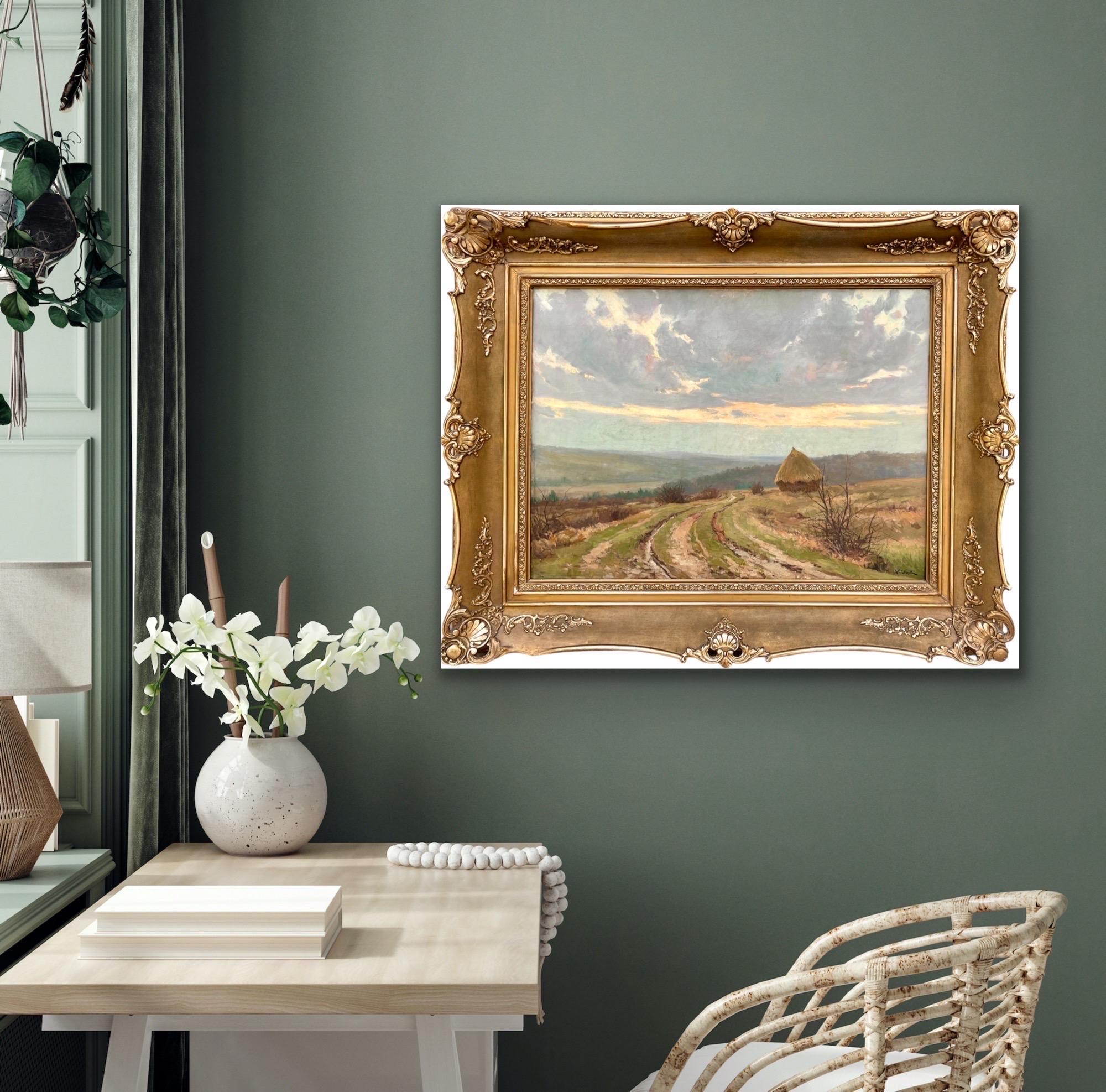 Large 19th century romantic painting - Hay Harvest - Une meule dans un paysage 3